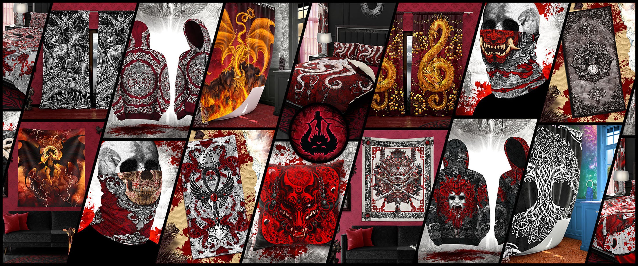 Gothic and Fantasy Art Prints and home decor by Abysm Internal, Curtains, Bedding Sets, Hoodies, Kimonos, Tapestries, blankets. With Demons, Dragons, Medusa, Kitsune, Skulls and other monsters