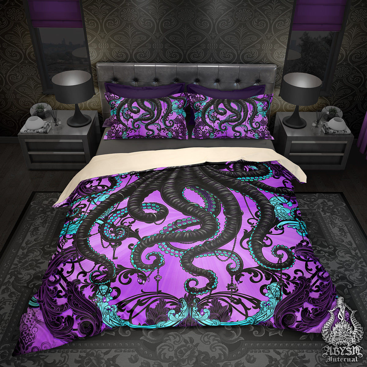 Pastel Goth Bedding Set with Octopus, Gothic Bed Cover, Duvet, Comforter and Decor by Abysm Internal