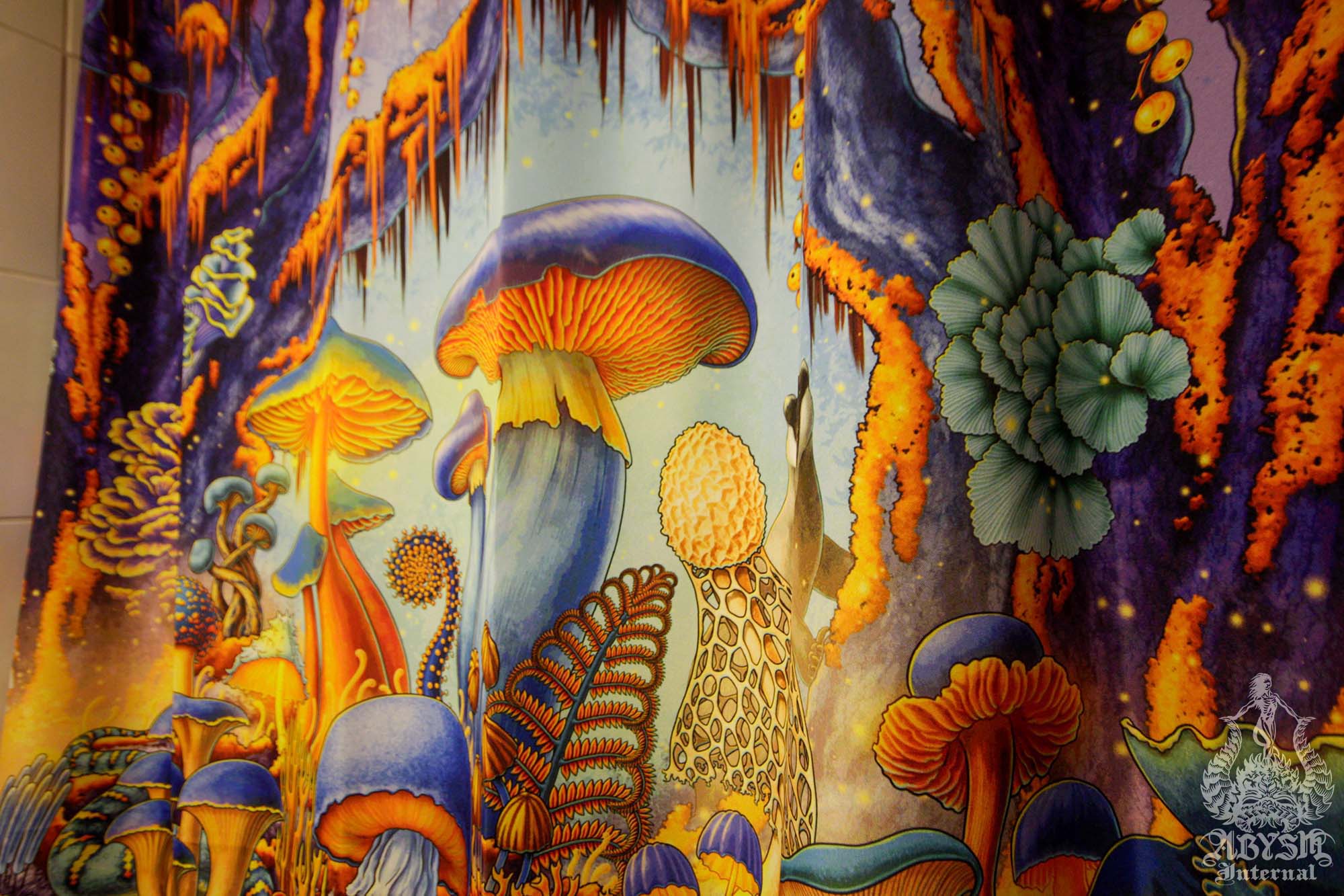 Abysm Internal - Magic Forest, Gold and Blue Mushroom Shower Curtain Sample