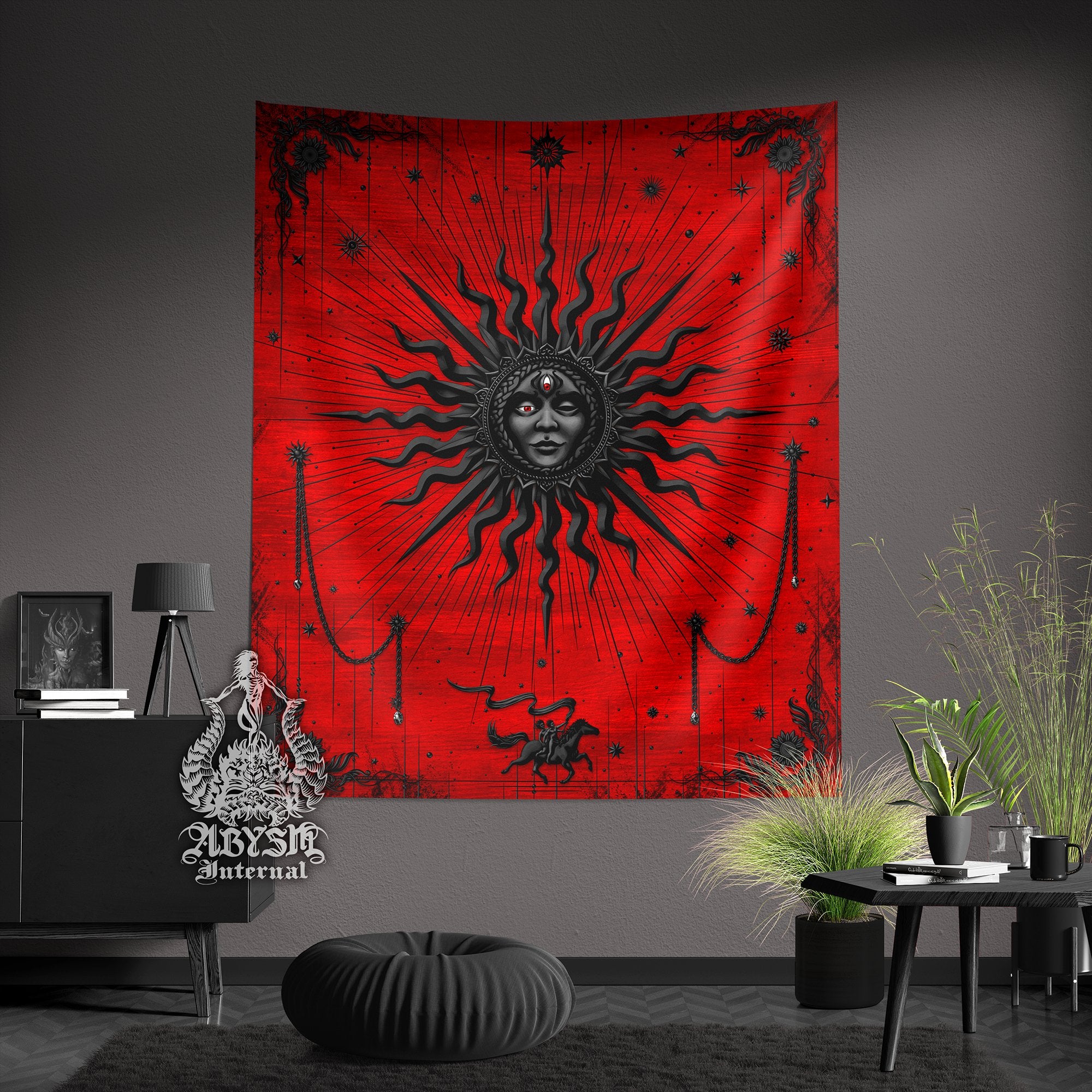 Bloody Goth Sun Tapestry, Tarot Card Arcana Wall Hanging, Gothic Witch's Room Decor, Witchy Home, Magic and Esoteric Art, Vertical Print - Red Black - Abysm Internal