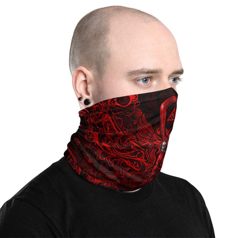 Bloody Gothic Neck Gaiter, Face Mask, Printed Head Covering, Goth Ankh, Dark Red Street Outfit - Gold and Black Cross, 3 Colors - Abysm Internal
