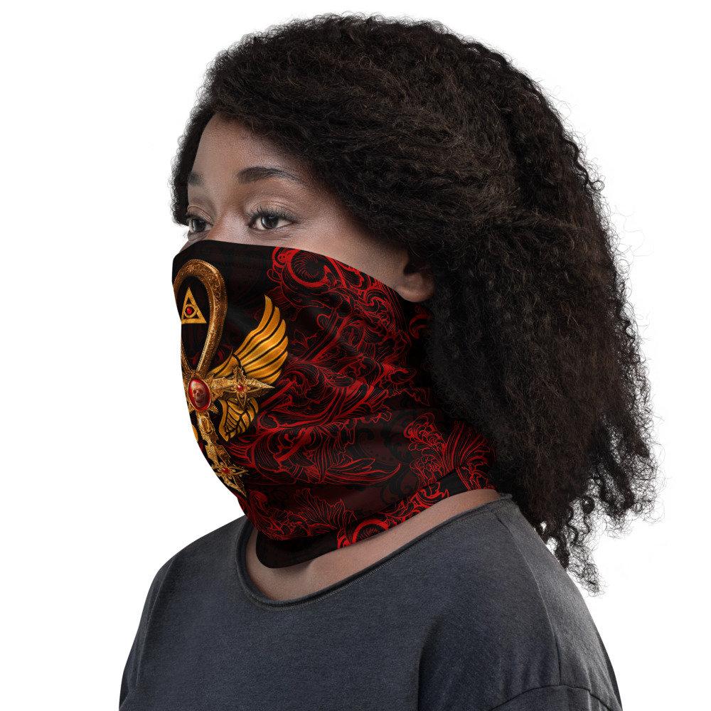 Bloody Gothic Neck Gaiter, Face Mask, Printed Head Covering, Goth Ankh, Dark Red Street Outfit - Gold and Black Cross, 3 Colors - Abysm Internal