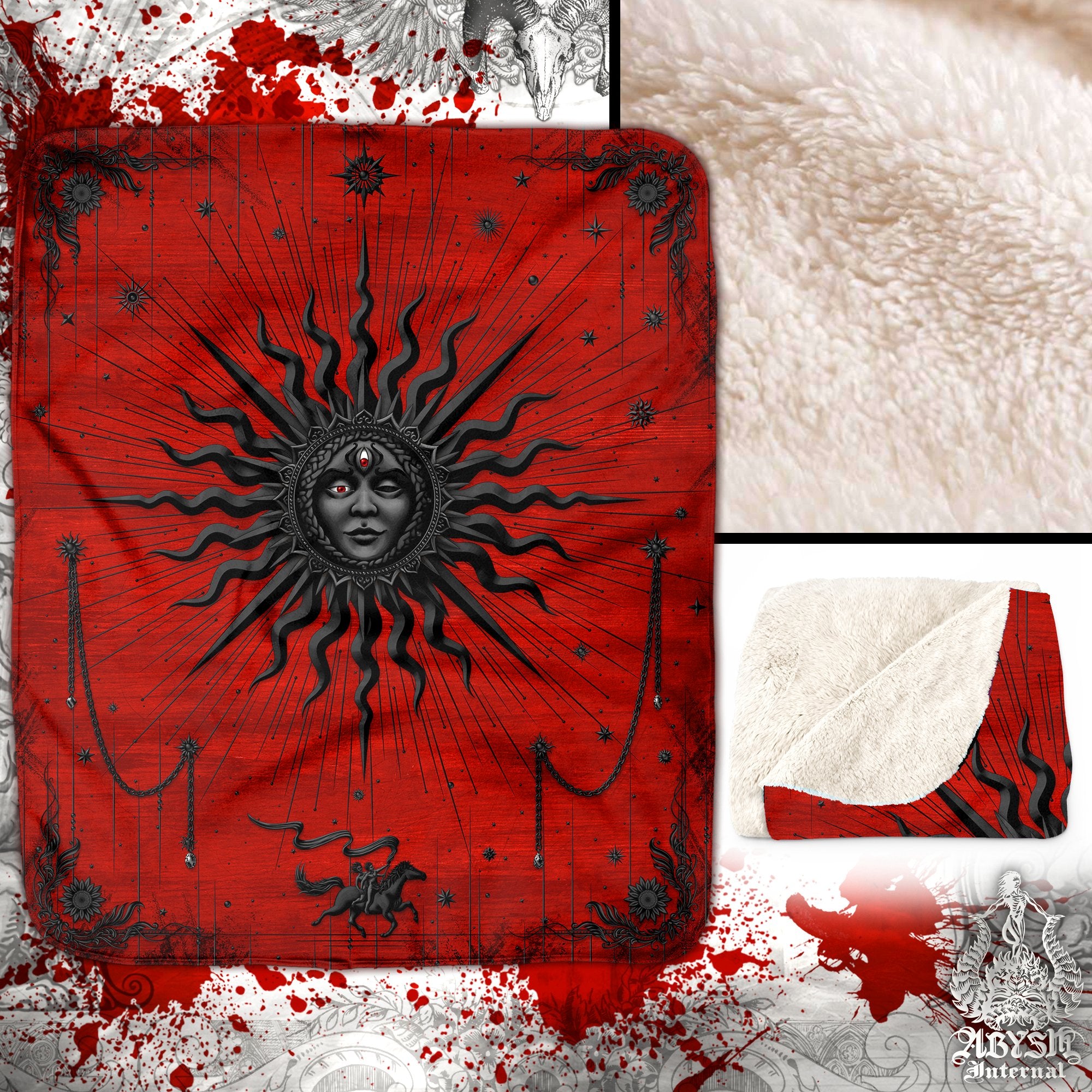 Bloody Gothic Sun Sherpa Fleece Throw Blanket, Tarot Arcana Art, Witch's Magic Esoteric Room, Goth Home Decor, Fortune Gift - Red Black - Abysm Internal