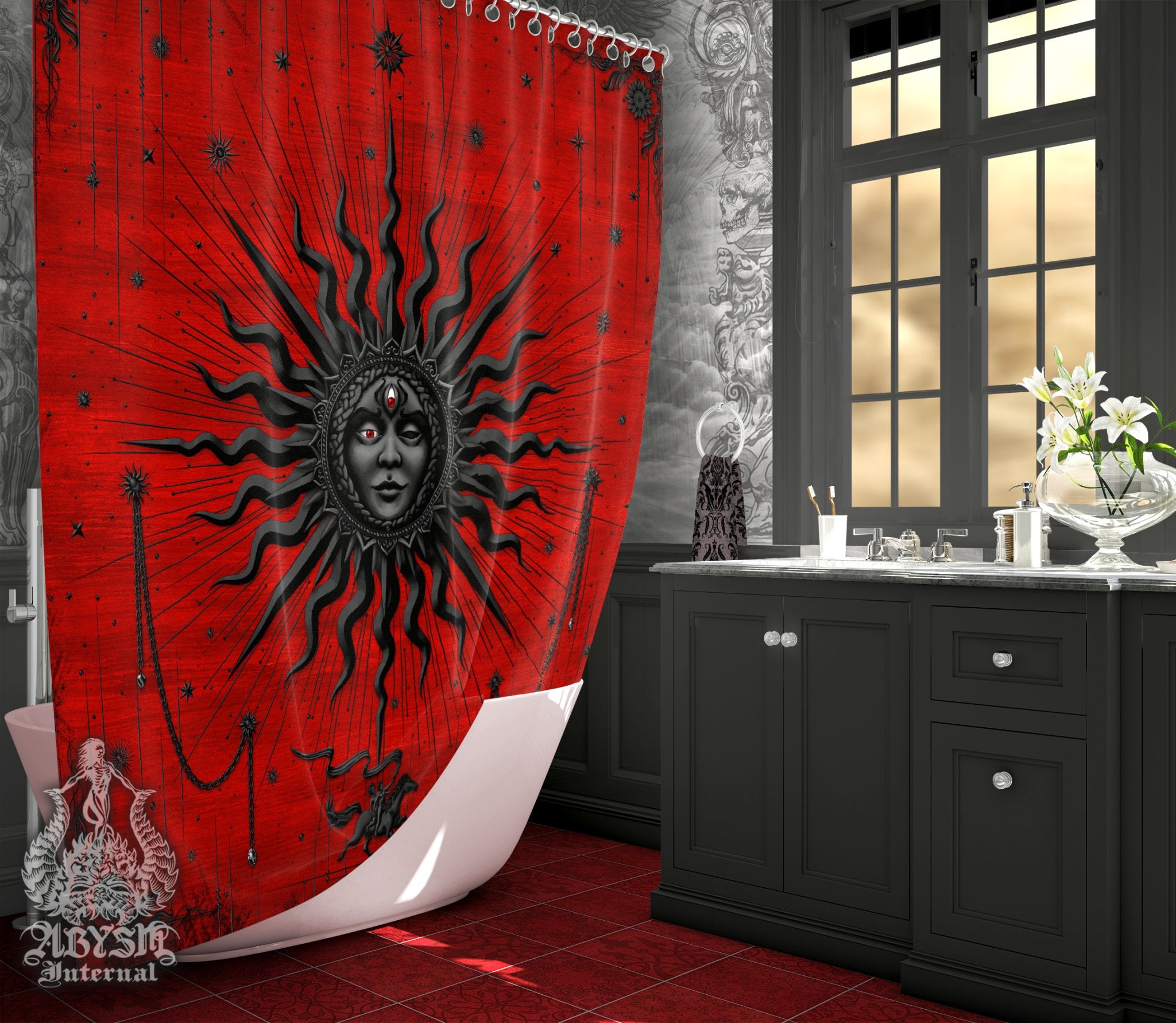 Bloody Gothic Sun Shower Curtain, 71x74 inches, Black Red Goth Bathroom Decor, Tarot Arcana, Esoteric Art Print, Alternative Home - Abysm Internal
