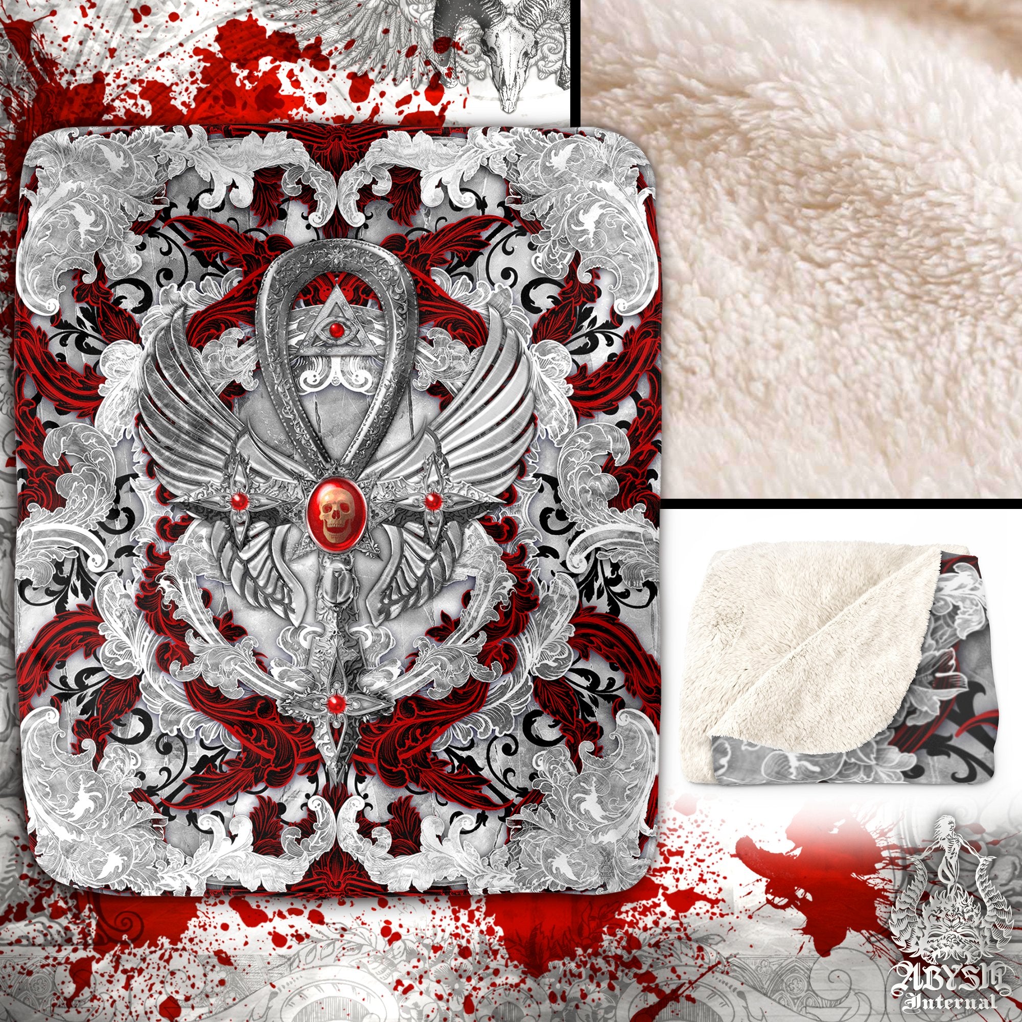 Bloody White Goth Sherpa Fleece Throw Blanket, Goth Ankh Cross Decor - Red, Black and White, 3 Colors - Abysm Internal