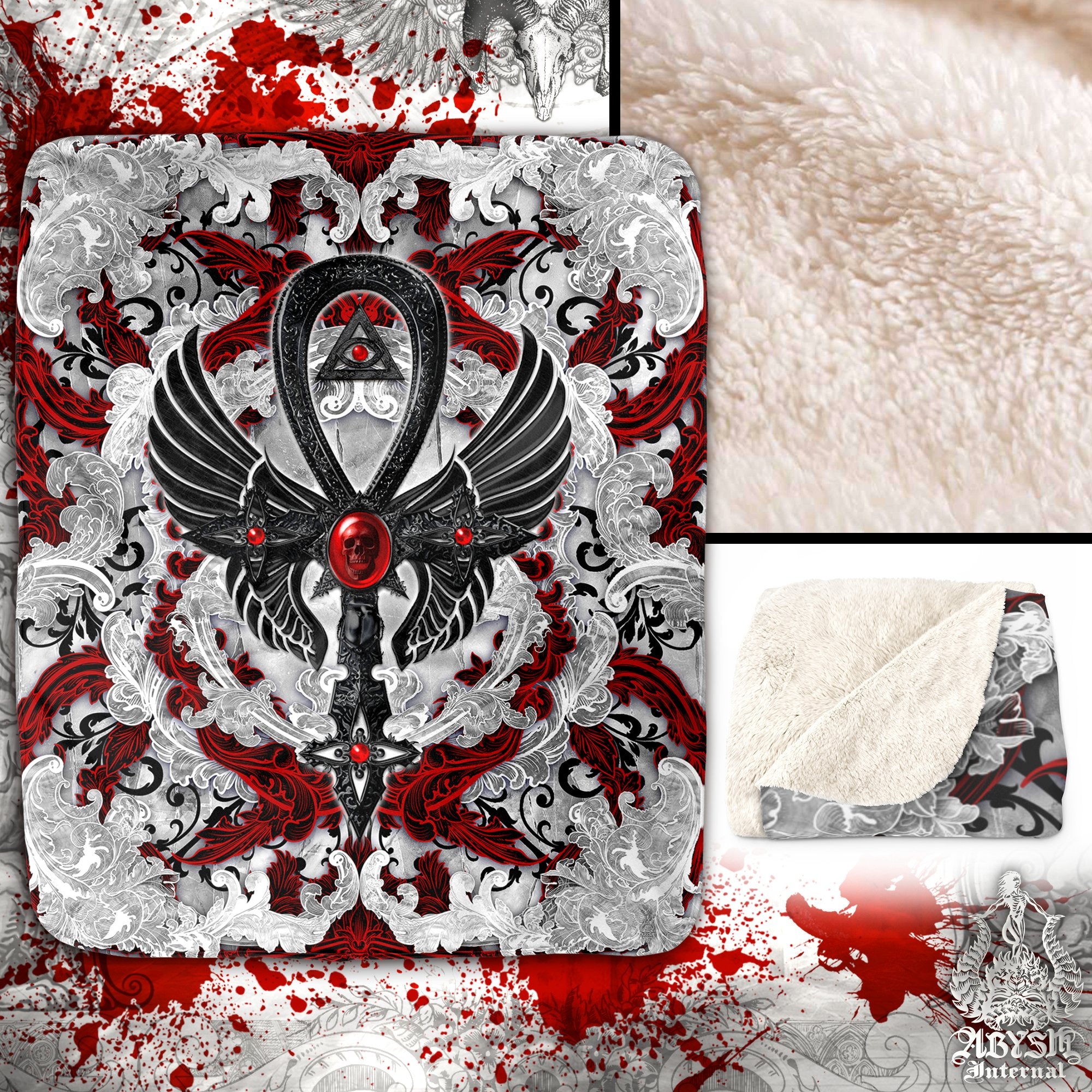 Bloody White Goth Sherpa Fleece Throw Blanket, Goth Ankh Cross Decor - Red, Black and White, 3 Colors - Abysm Internal