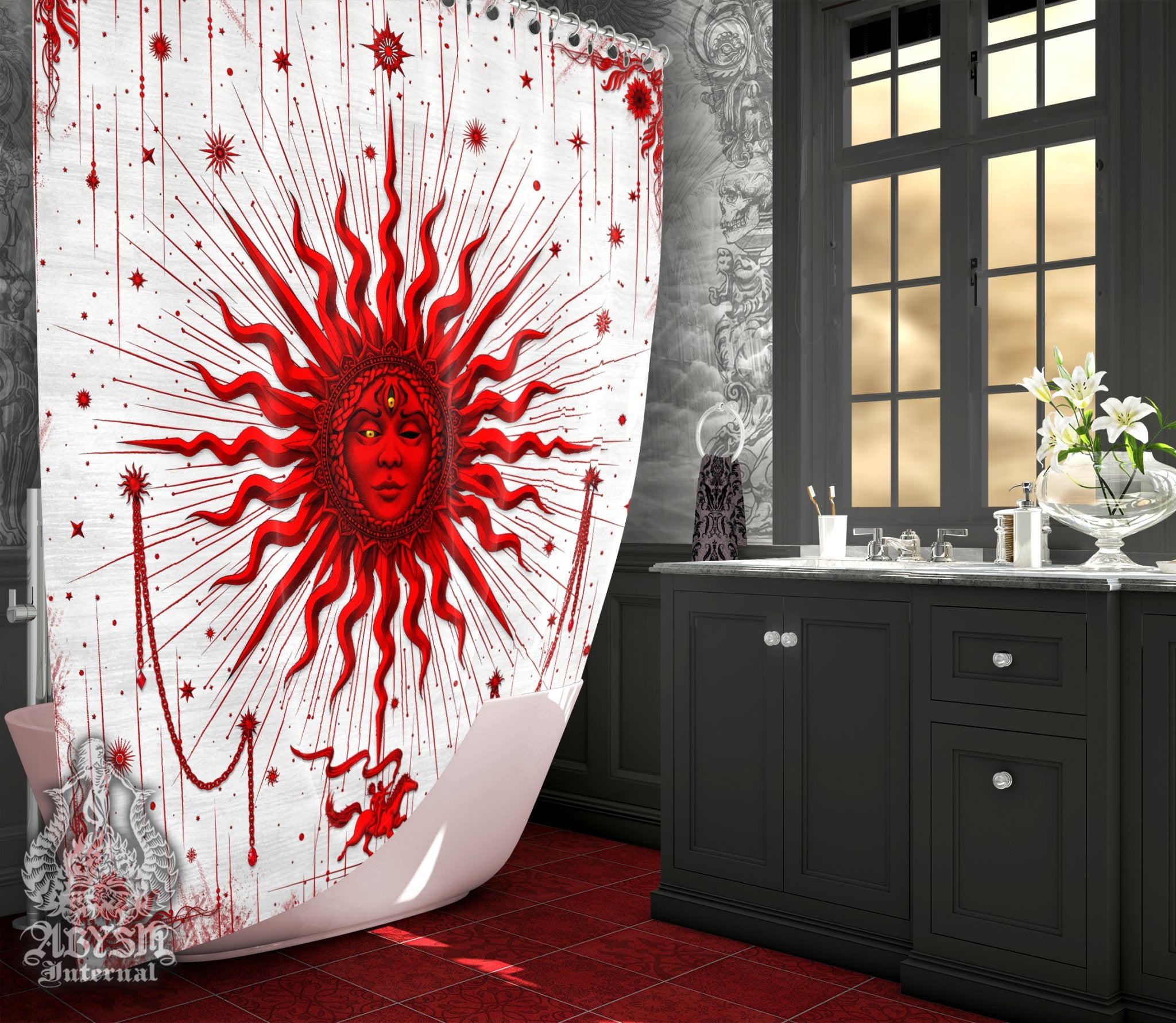 Bloody White Goth Sun Shower Curtain, 71x74 inches, Gothic Bathroom Decor, Tarot Arcana, Esoteric Art Print, Alternative Home - Red - Abysm Internal