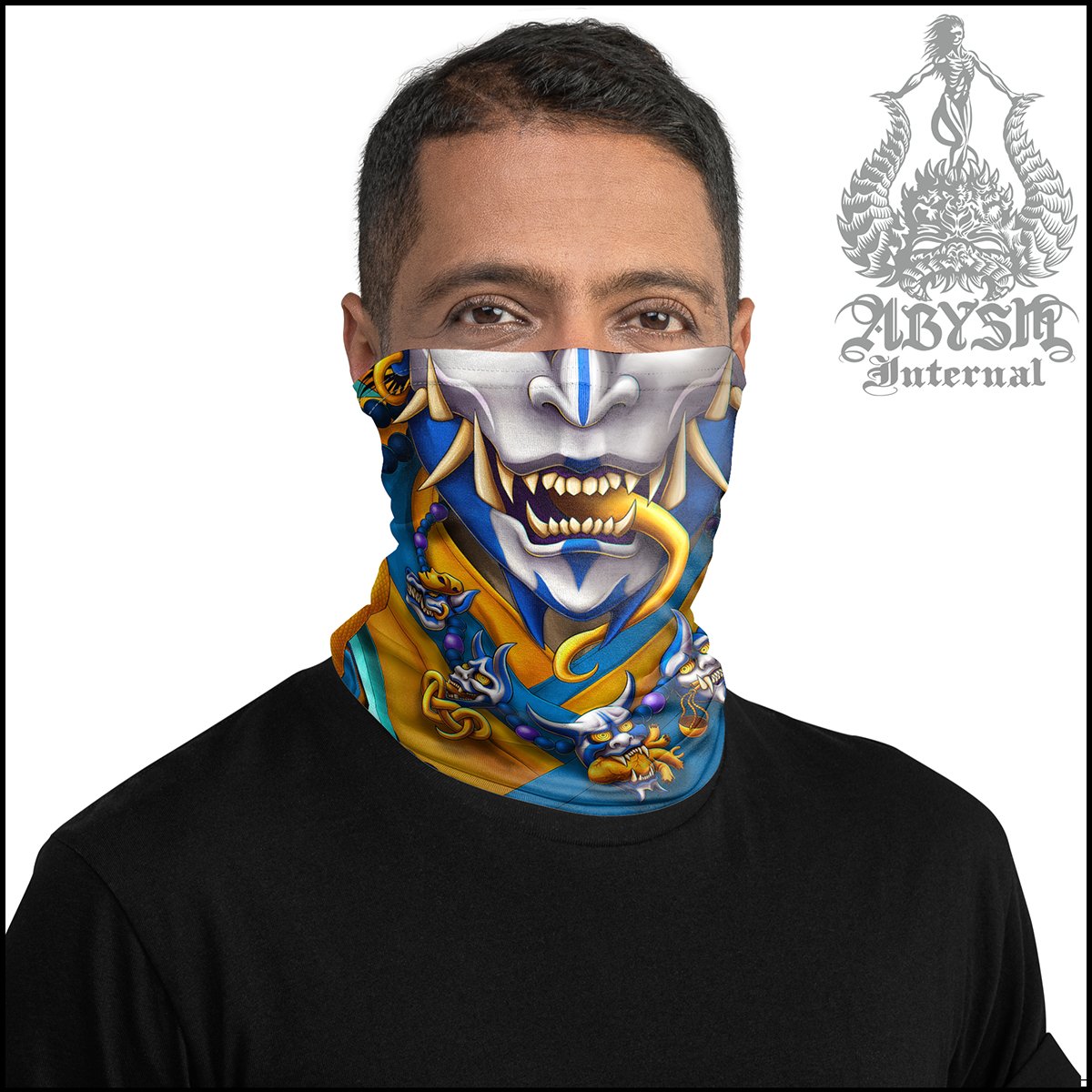 Demon Neck Gaiter, Oni Face Mask, Japanese Hannya Printed Head Covering, Cyclist Street Outfit, Snake, Fangs, Headband - Cyan Gold - Abysm Internal