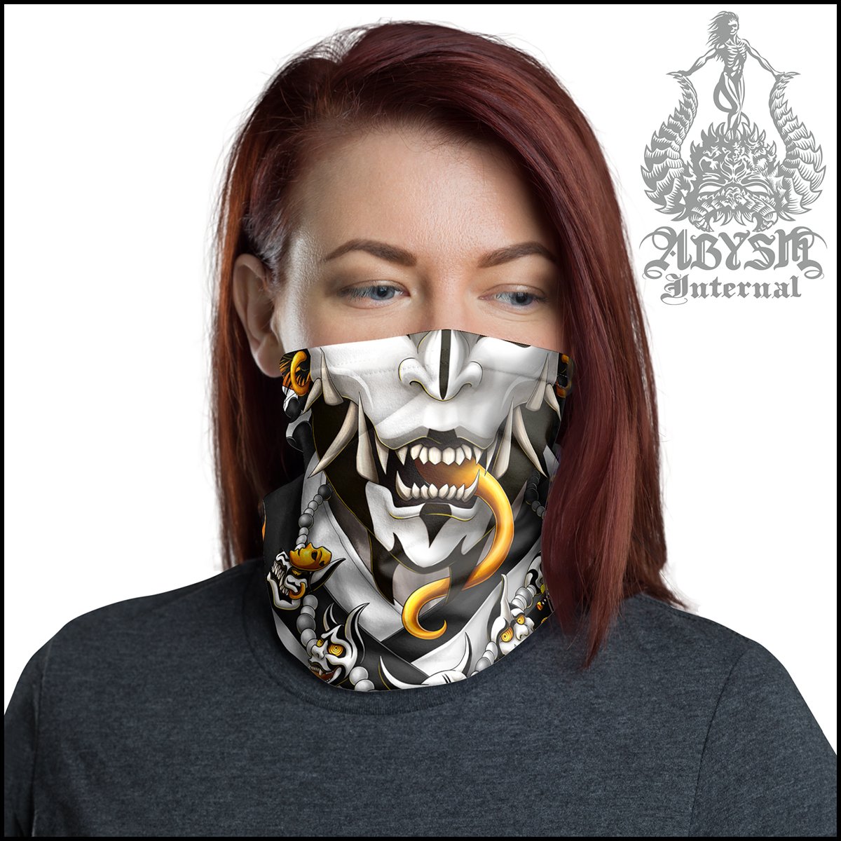 Demon Neck Gaiter, Oni Face Mask, Japanese Hannya Printed Head Covering, Graffiti Street Outfit, Snake, Fangs, Headband - Black and White - Abysm Internal