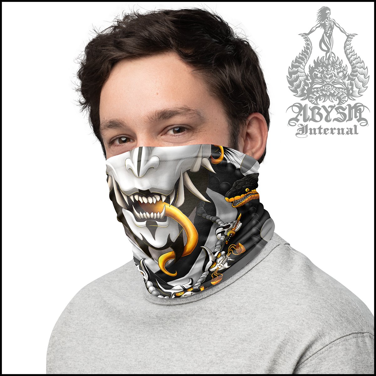 Demon Neck Gaiter, Oni Face Mask, Japanese Hannya Printed Head Covering, Graffiti Street Outfit, Snake, Fangs, Headband - Black and White - Abysm Internal