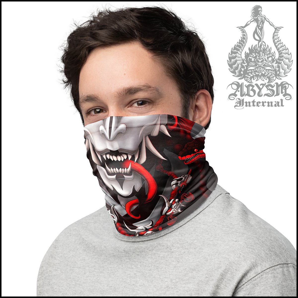 Demon Neck Gaiter, Oni Face Mask, Japanese Hannya Printed Head Covering, Skater Street Outfit, Snake, Fangs, Headband - White Goth Red - Abysm Internal