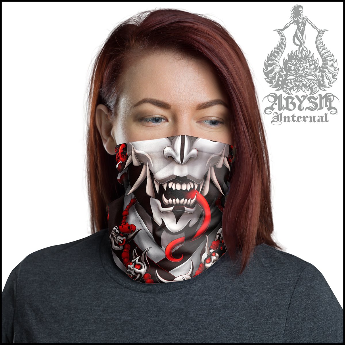 Demon Neck Gaiter, Oni Face Mask, Japanese Hannya Printed Head Covering, Skater Street Outfit, Snake, Fangs, Headband - White Goth Red - Abysm Internal