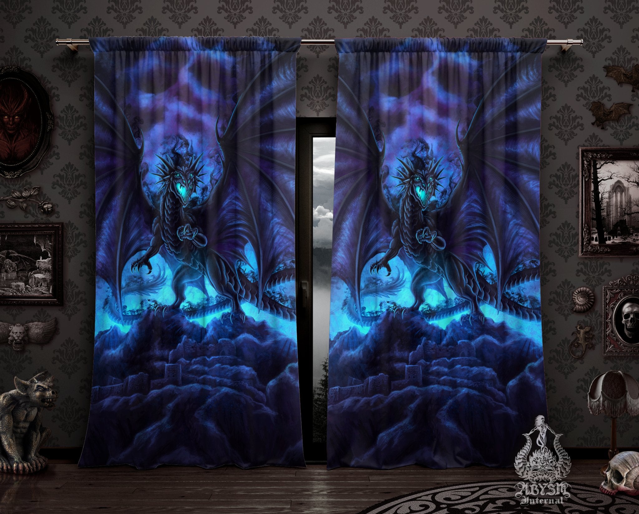 Dragon Curtains, 50x84' Printed Window Panels, Fantasy Game Room Decor, Art Print - Shadow Dragon - Abysm Internal