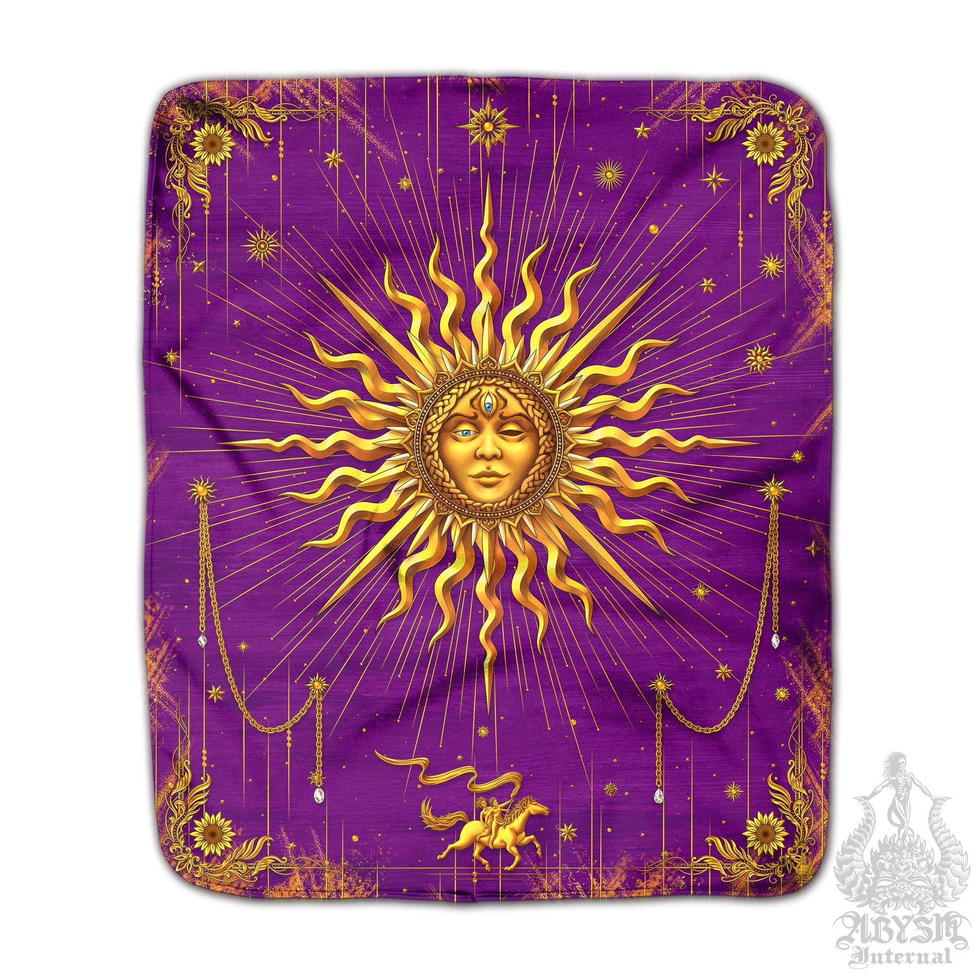 Gold Sun Sherpa Fleece Throw Blanket, Esoteric Room, Tarot Arcana Art, Boho & Indie Home Decor, Magic Fortune Gift - 7 Colors - Abysm Internal