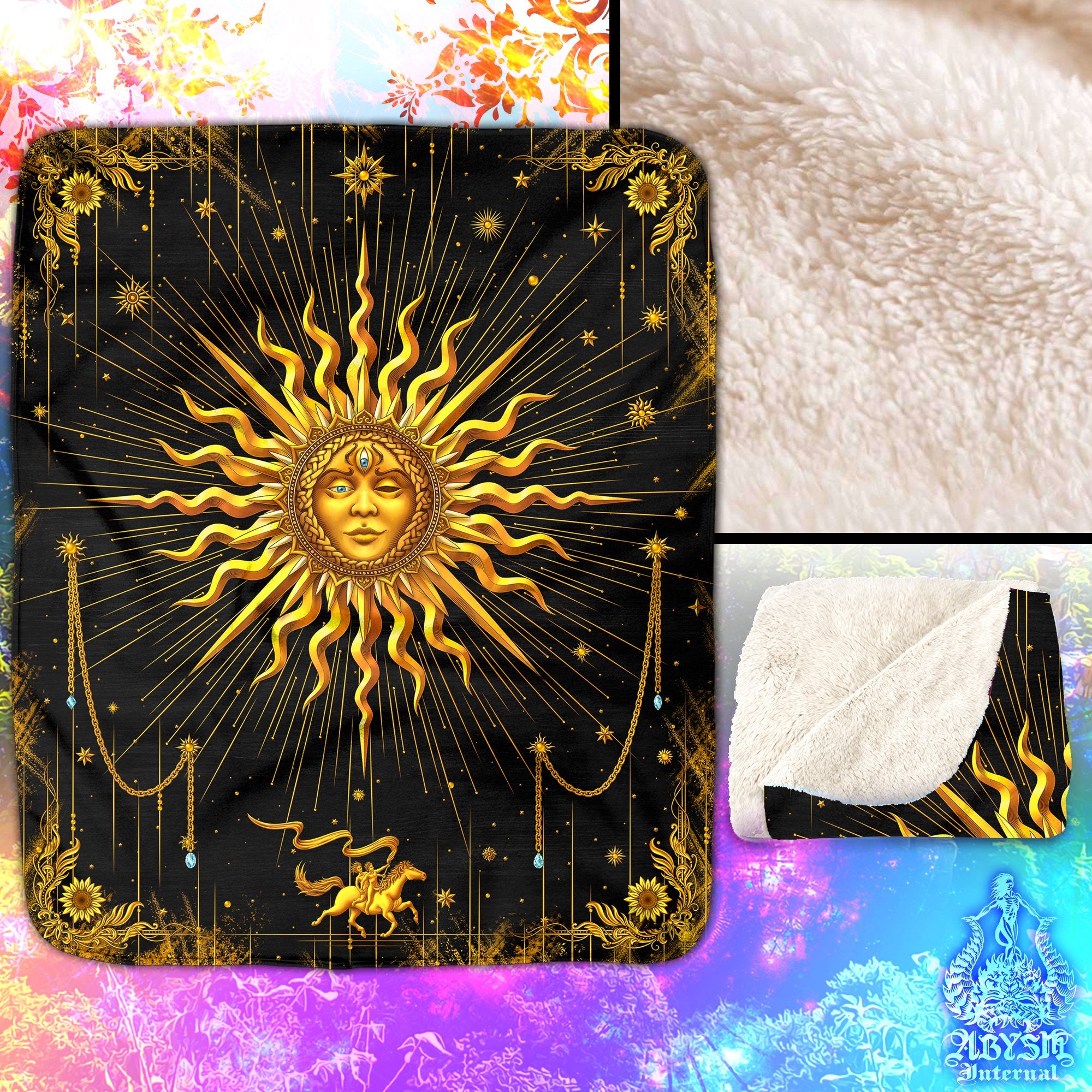 Gold Sun Sherpa Fleece Throw Blanket, Esoteric Room, Tarot Arcana Art, Boho & Indie Home Decor, Magic Fortune Gift - 7 Colors - Abysm Internal