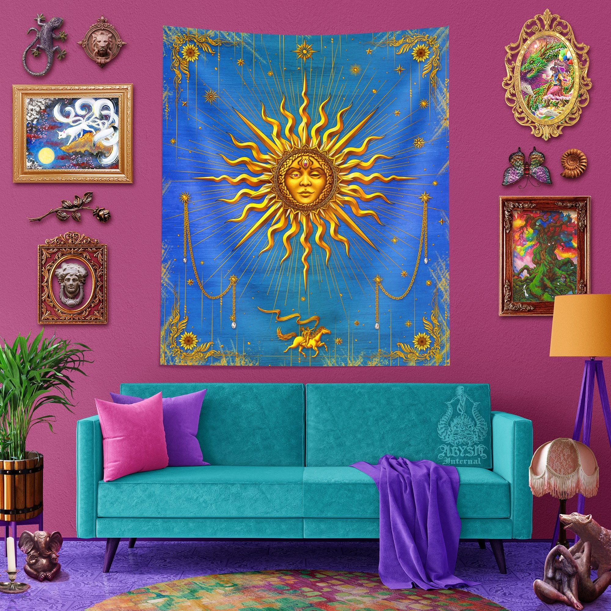 Gold Sun Tapestry, Tarot Card Arcana Wall Hanging, Magic and Esoteric Art, Boho and Indie Home Decor, Vertical Print - 7 Colors - Abysm Internal