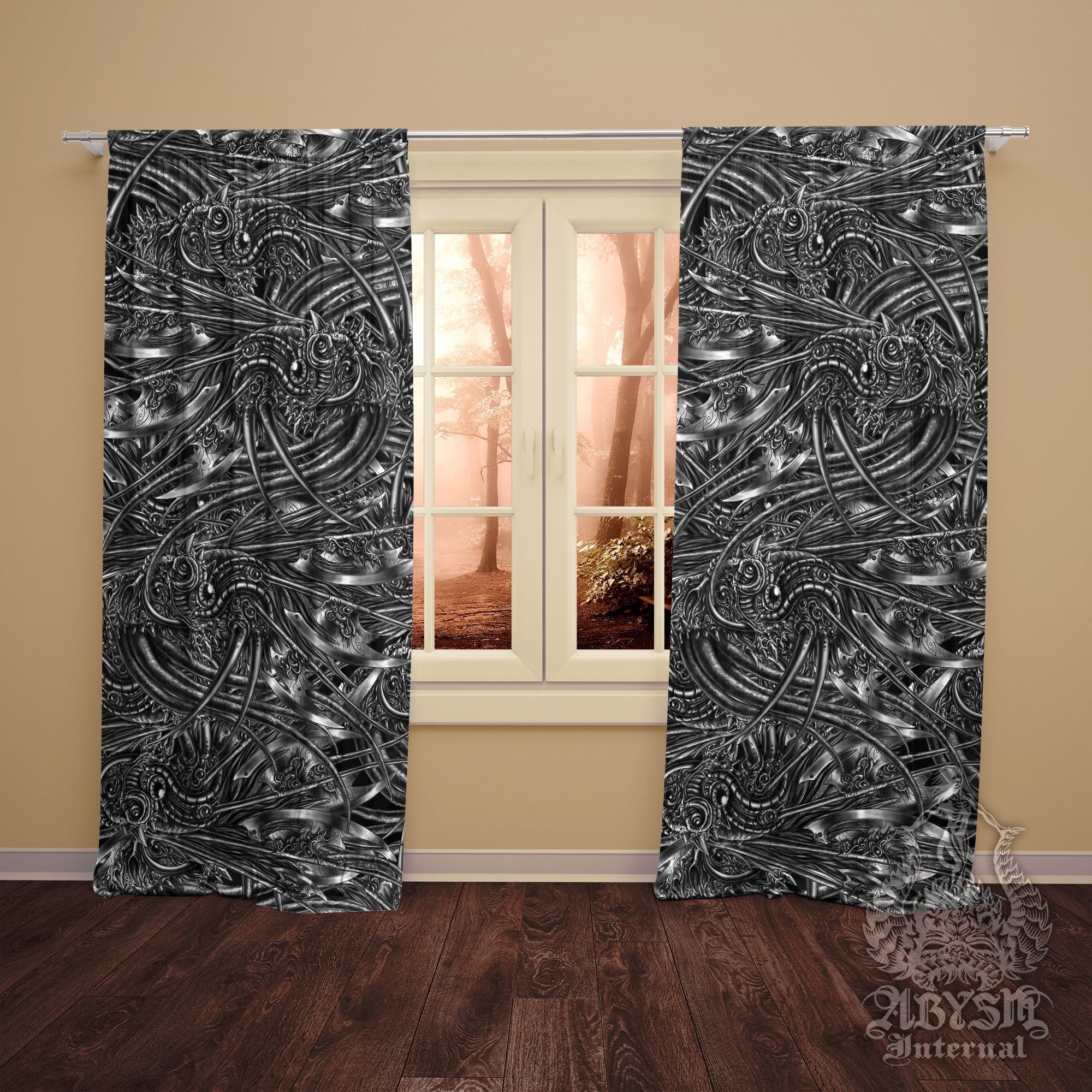 Goth Alien Curtains, 50x84' Printed Window Panels, Fantasy Game Room Decor, Gothic Abstract Art Print - Abysm Internal
