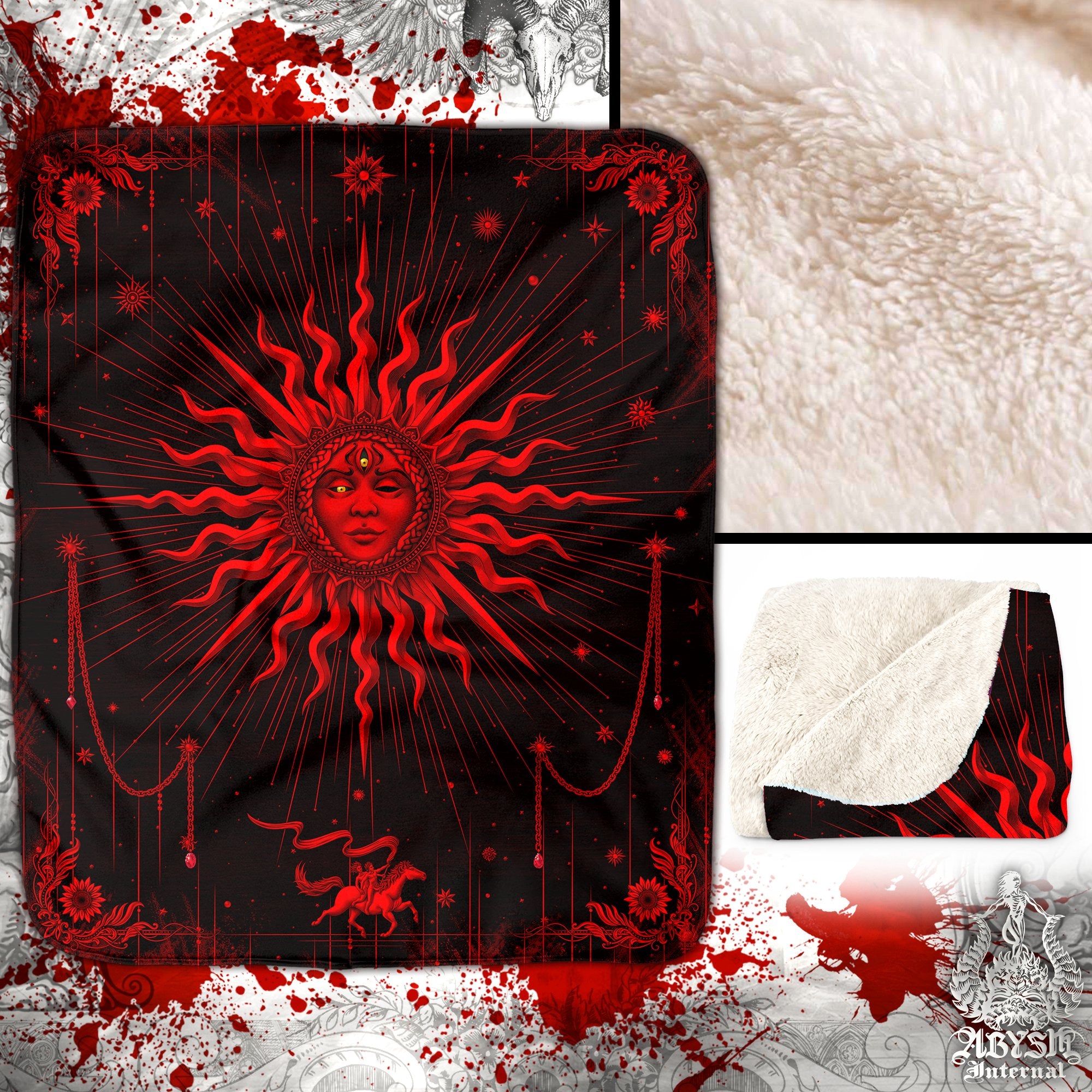 Gothic Sun Sherpa Fleece Throw Blanket, Witch's Magic Esoteric Room, Goth Tarot Arcana Art, Black and Red Home Decor, Fortune Gift - Abysm Internal