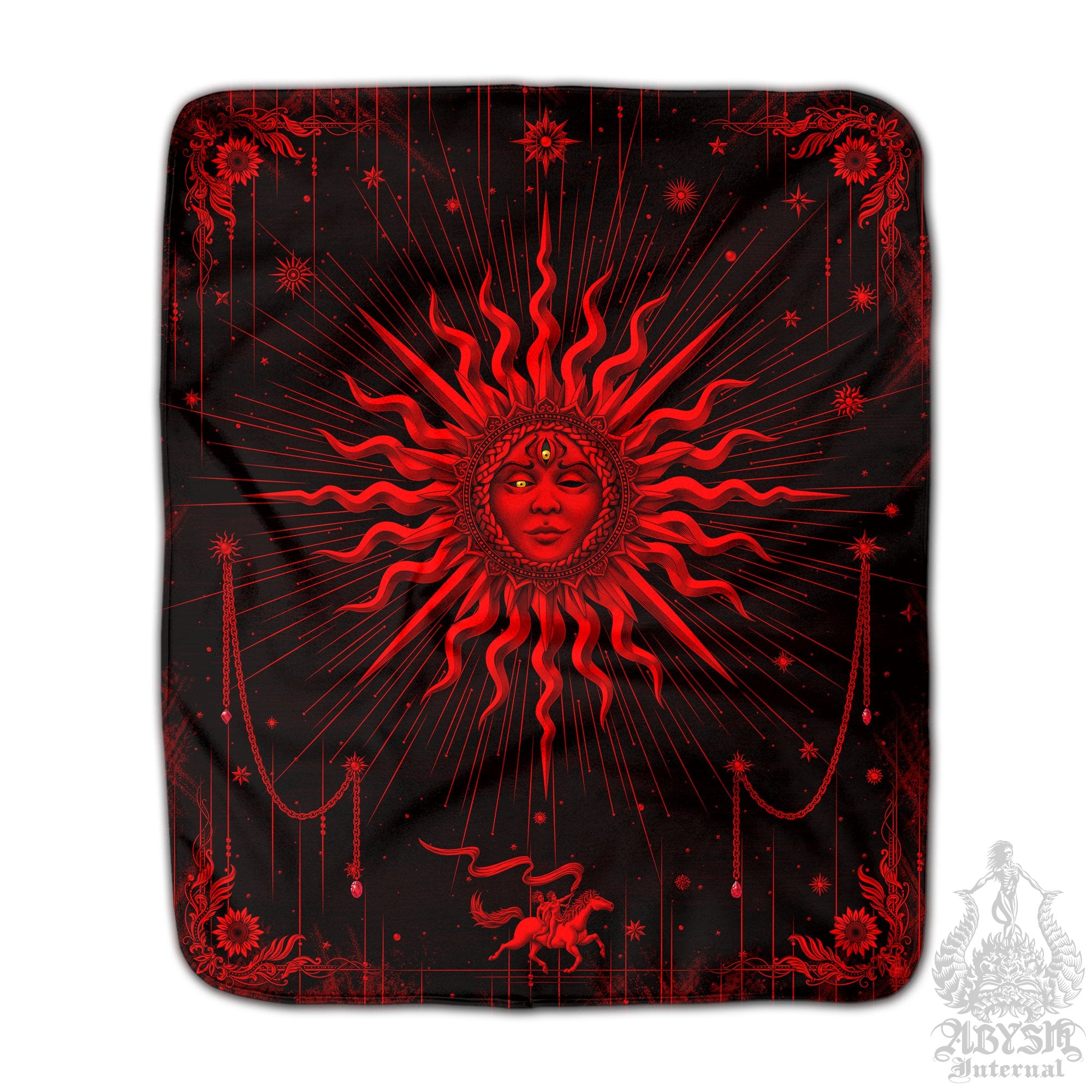 Gothic Sun Sherpa Fleece Throw Blanket, Witch's Magic Esoteric Room, Goth Tarot Arcana Art, Black and Red Home Decor, Fortune Gift - Abysm Internal