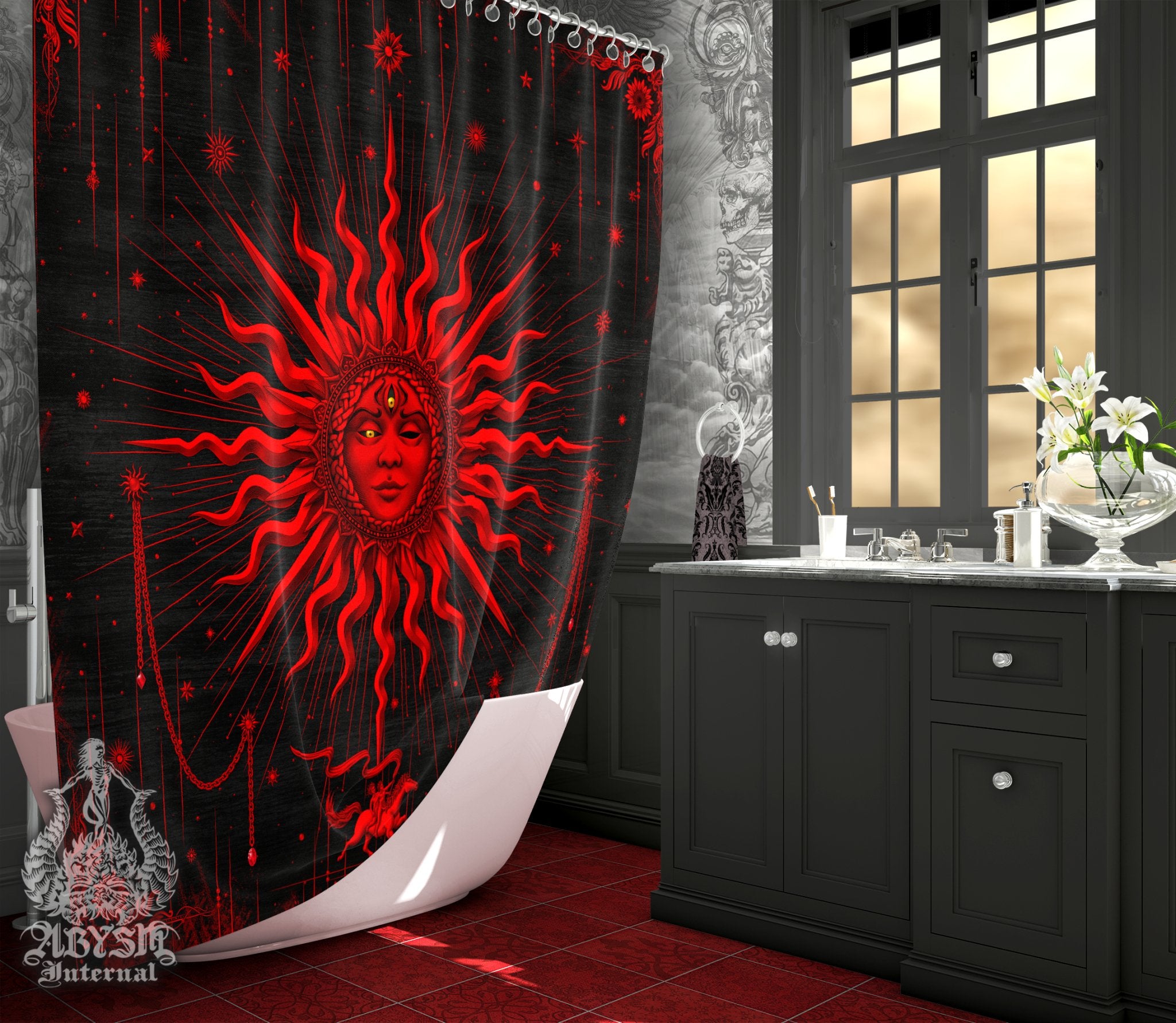 Gothic Sun Shower Curtain, 71x74 inches, Goth Bathroom Decor, Tarot Arcana, Esoteric Art Print, Alternative Home - Red Black - Abysm Internal