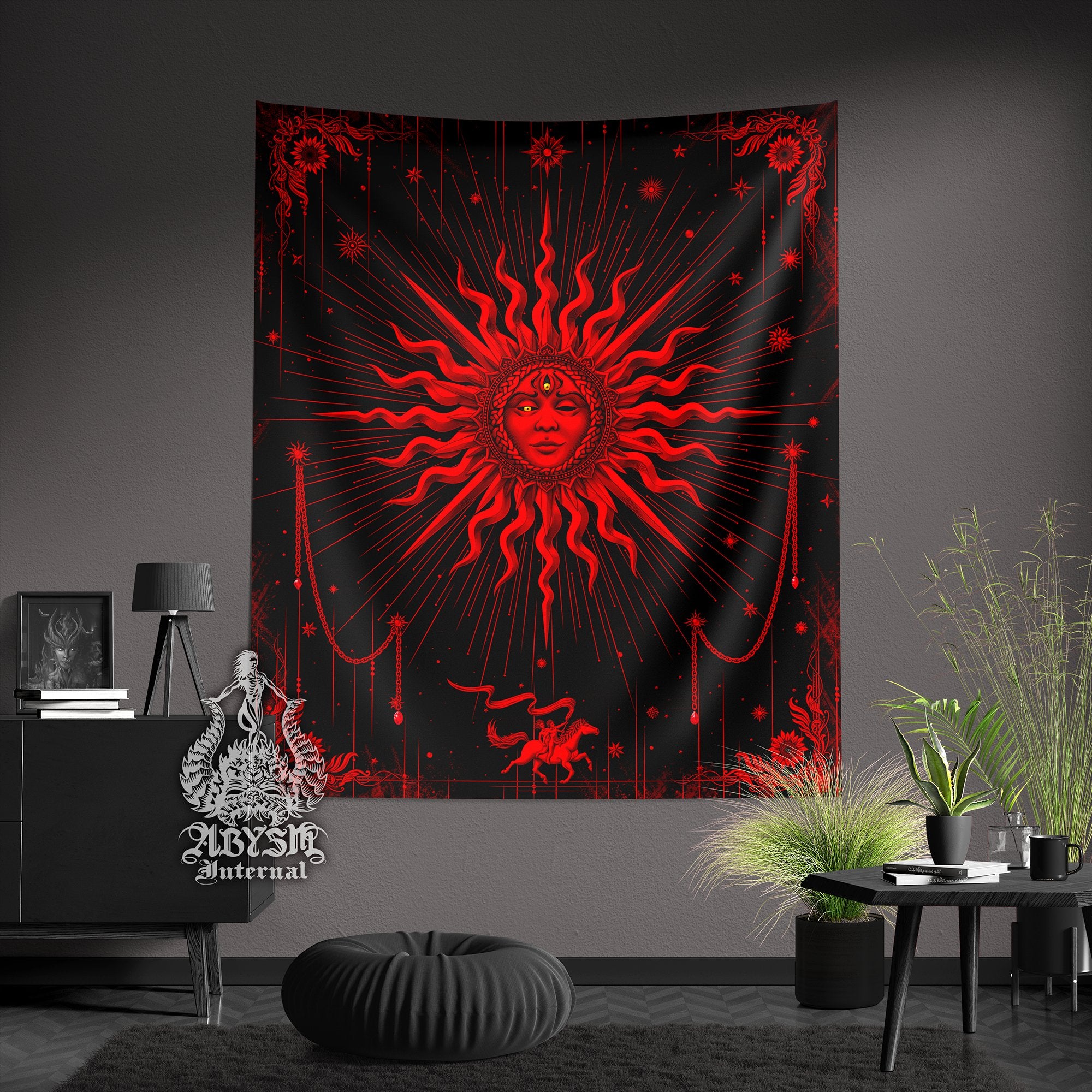 Gothic Sun Tapestry, Tarot Card Arcana Wall Hanging, Witchy Home, Magic and Esoteric Art, Goth Witch's Room Decor, Vertical Print - Black Red - Abysm Internal