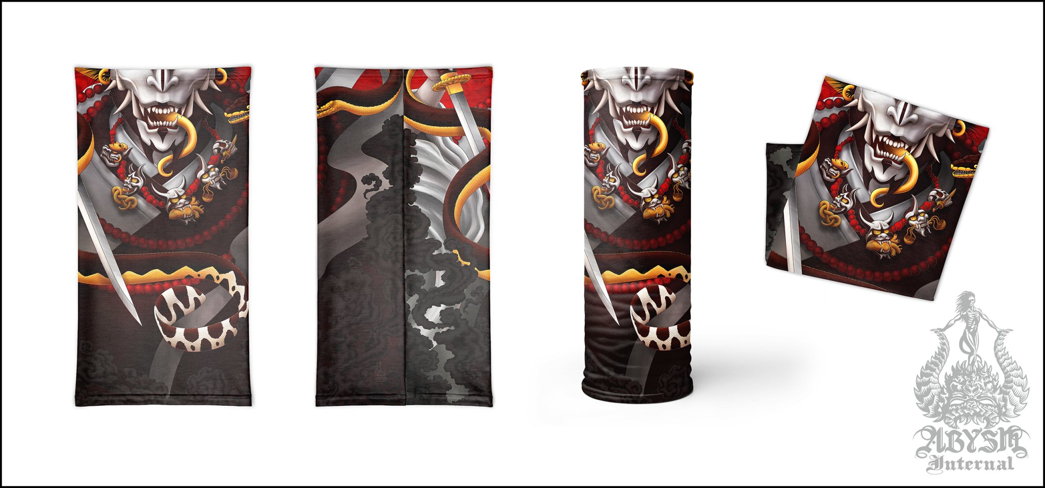 Hannya Neck Gaiter, Demon Face Mask, Japanese Oni Printed Head Covering, Cyclist Street Outfit, Snake, Fangs, Headband - Original - Abysm Internal