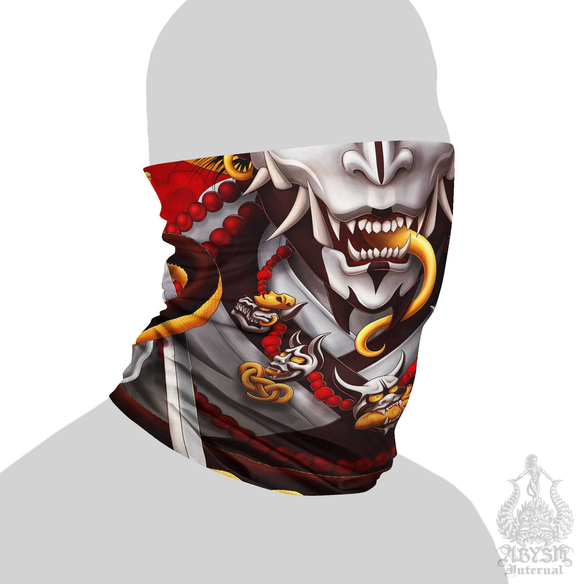 Hannya Neck Gaiter, Demon Face Mask, Japanese Oni Printed Head Covering, Cyclist Street Outfit, Snake, Fangs, Headband - Original - Abysm Internal