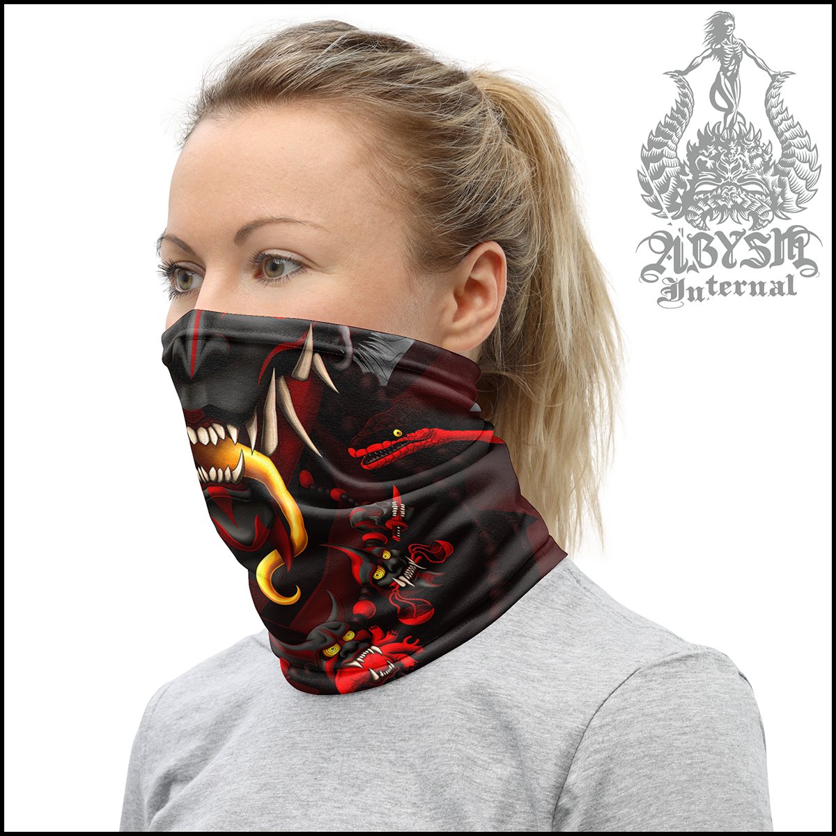 Hannya Neck Gaiter, Demon Face Mask, Japanese Oni Printed Head Covering, Gothic Street Outfit, Snake, Fangs, Headband - Black Red - Abysm Internal