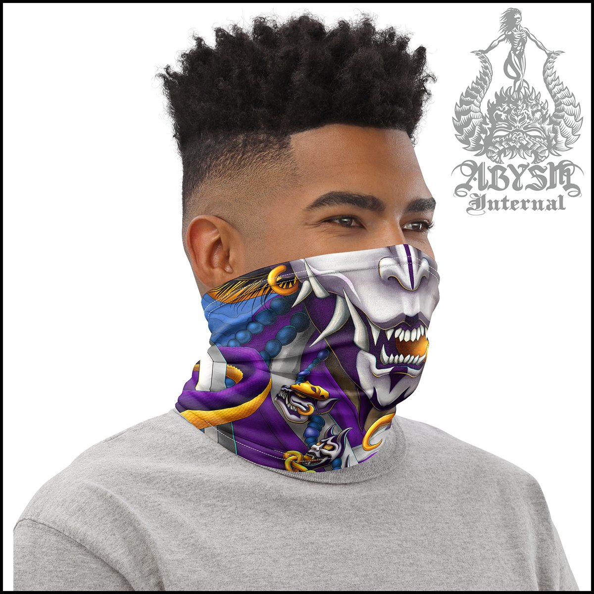 Hannya Neck Gaiter, Demon Face Mask, Japanese Oni Printed Head Covering, Graffiti Street Outfit, Snake, Fangs, Headband - Blue, Purple - Abysm Internal