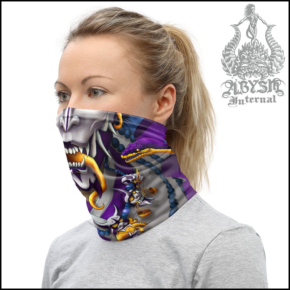 Hannya Neck Gaiter, Demon Face Mask, Japanese Oni Printed Head Covering, Graffiti Street Outfit, Snake, Fangs, Headband - Blue, Purple - Abysm Internal