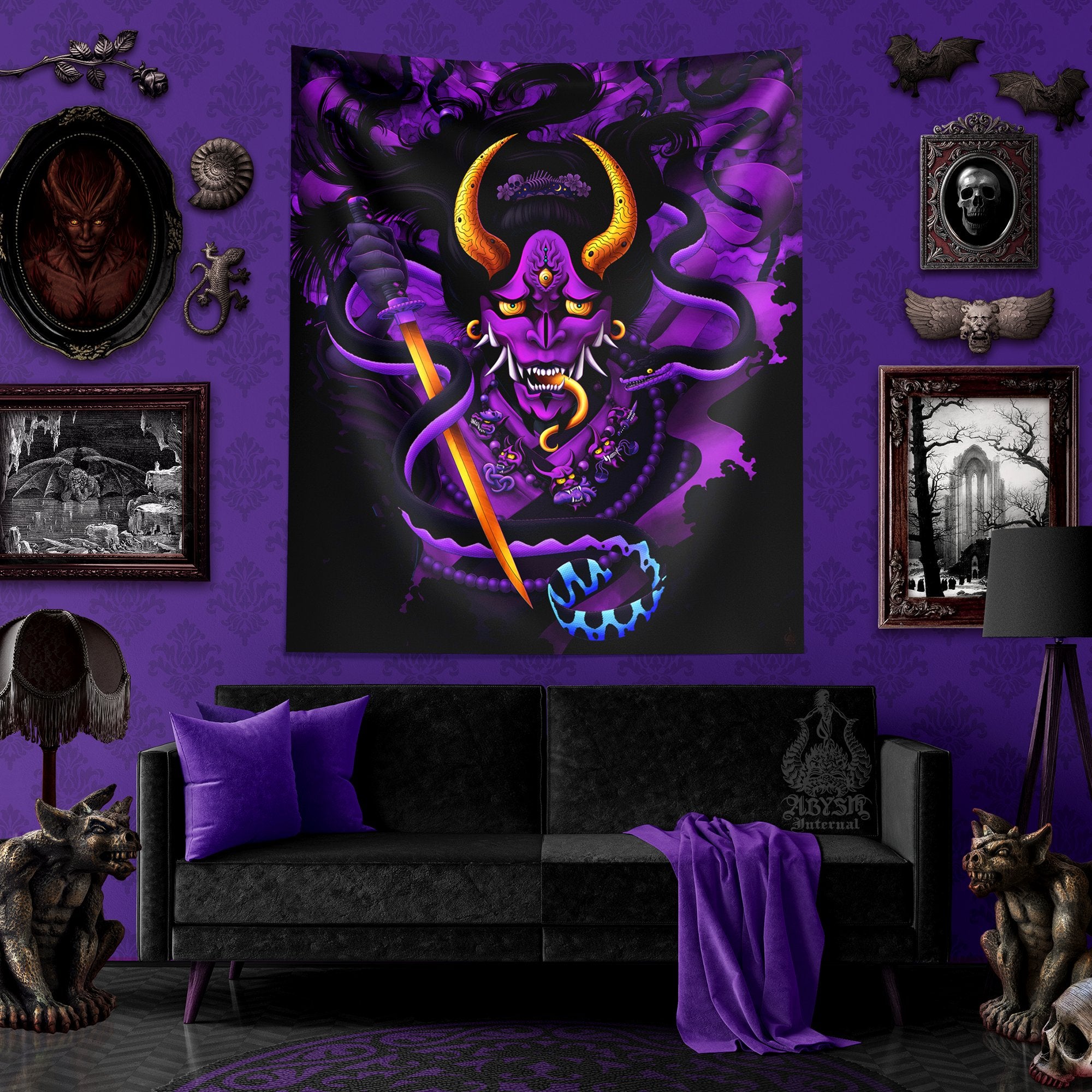 Hannya Tapestry, Pastel Goth Japanese Demon and Snake Wall Hanging, Anime, Manga and Gamer Room Decor, Vertical Art Print - Black Purple - Abysm Internal