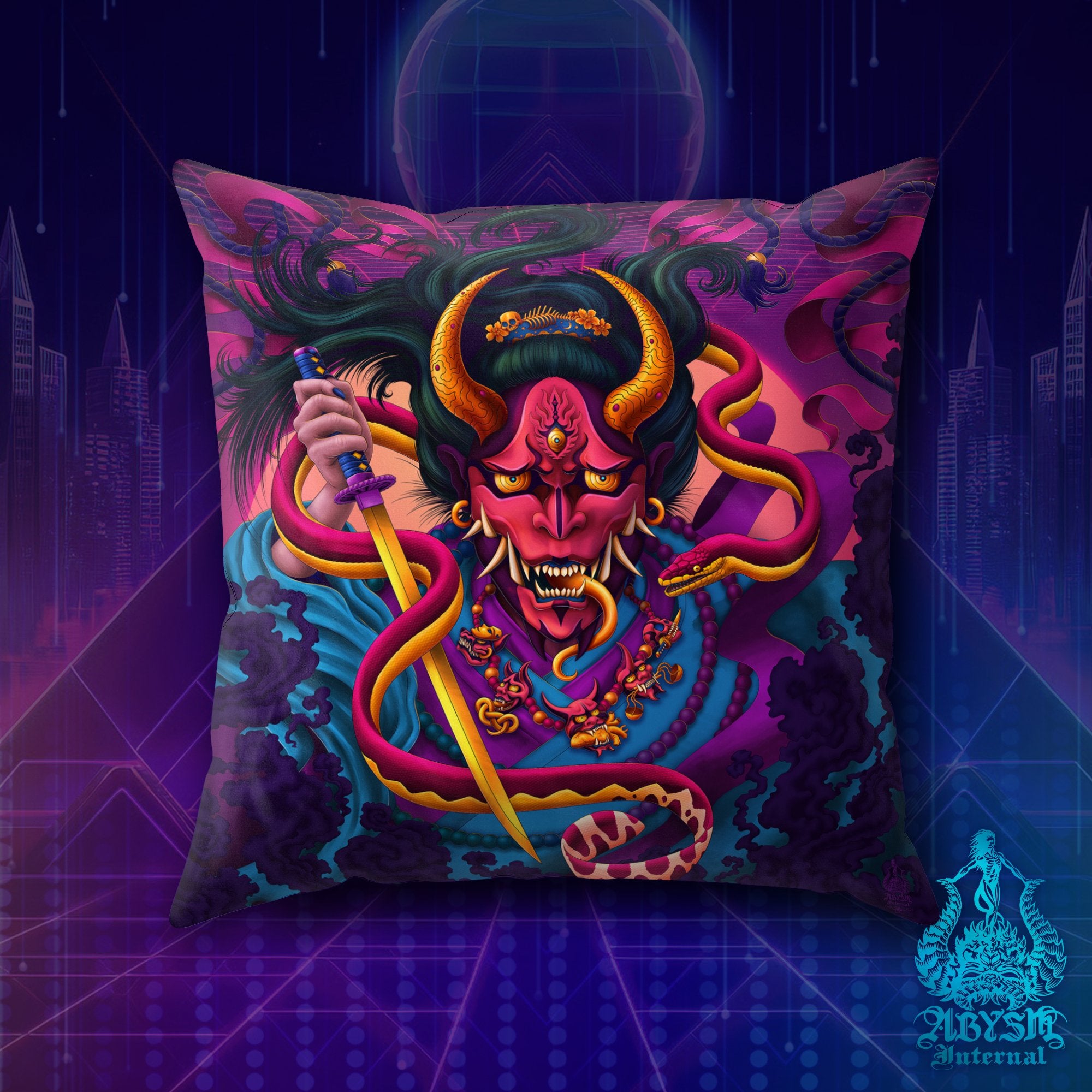 Hannya Throw Pillow, Decorative Accent Pillow, Square Cushion Cover, Japanese Demon & Snake, Gamer Room Decor - Vaporwave - Abysm Internal