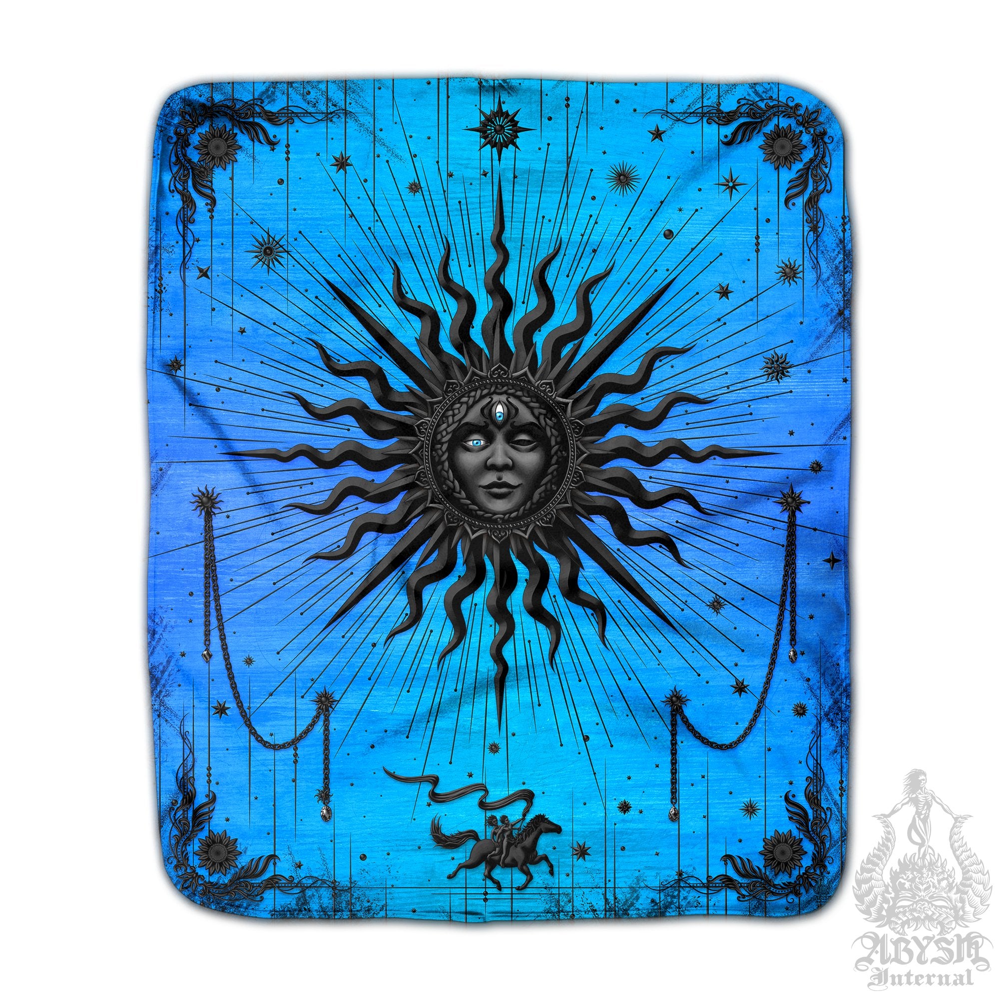 Magic Sun Sherpa Fleece Throw Blanket, Fortune Teller Esoteric Room, Tarot Arcana Art Gift, Good Witch Home Decor - Cyan Blue Black - Abysm Internal