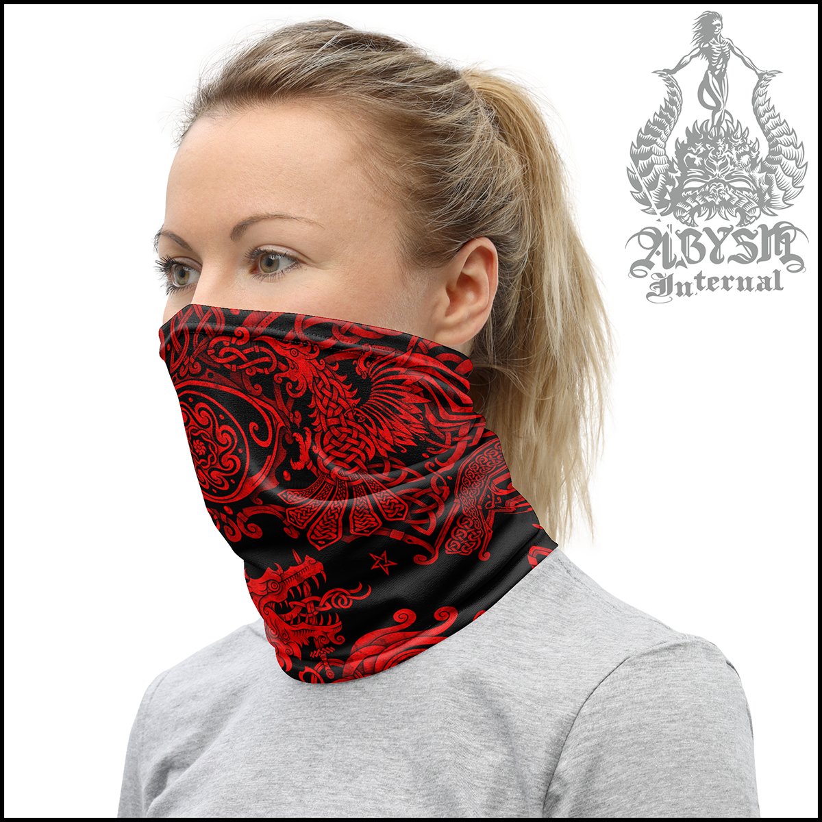 Nordic Wolf Neck Gaiter, Fenrir Face Mask, Viking Printed Head Covering, Norse Art - Bloody Red, Black - Abysm Internal