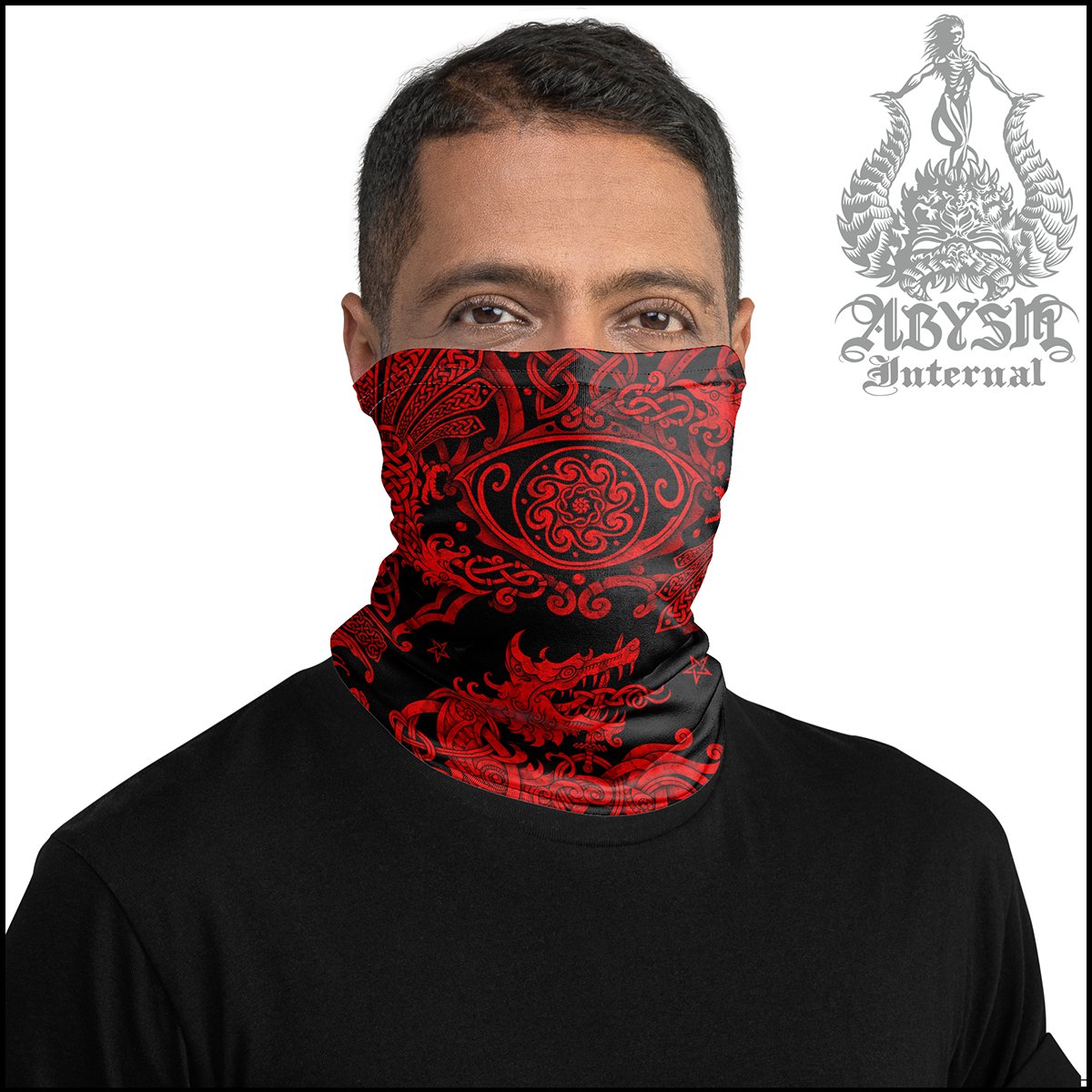 Nordic Wolf Neck Gaiter, Fenrir Face Mask, Viking Printed Head Covering, Norse Art - Bloody Red, Black - Abysm Internal