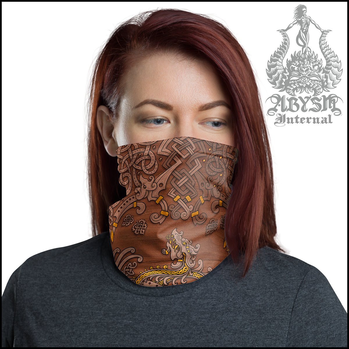 Norse Art Neck Gaiter, Viking Face Mask, Printed Head Covering, Dragon Fafnir, Nordic Knotwork - Wood - Abysm Internal
