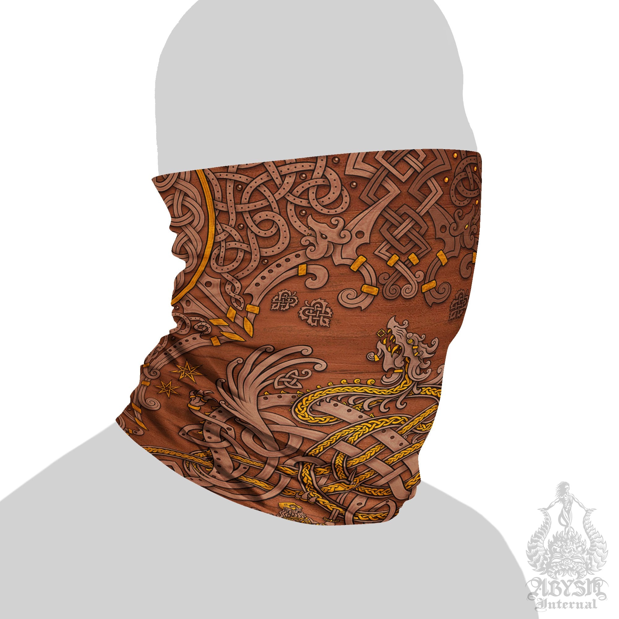 Norse Art Neck Gaiter, Viking Face Mask, Printed Head Covering, Dragon Fafnir, Nordic Knotwork - Wood - Abysm Internal