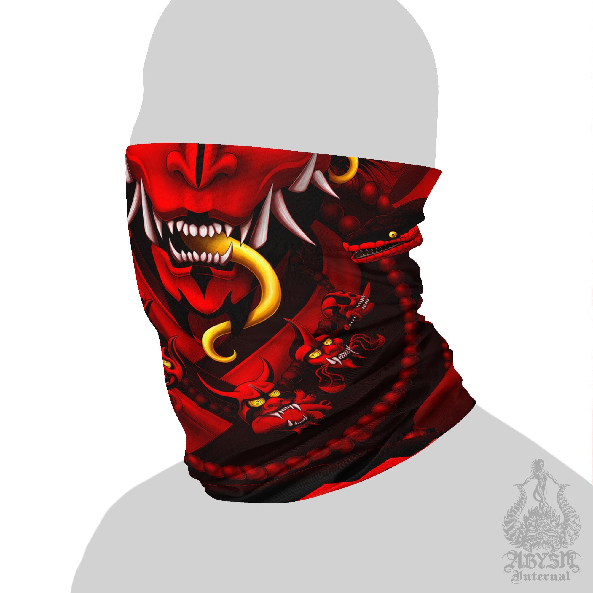 Oni Neck Gaiter, Hannya Face Mask, Japanese Demon Printed Head Covering, Bloody Gothic Street Outfit, Snake, Fangs, Headband - Red, Black - Abysm Internal