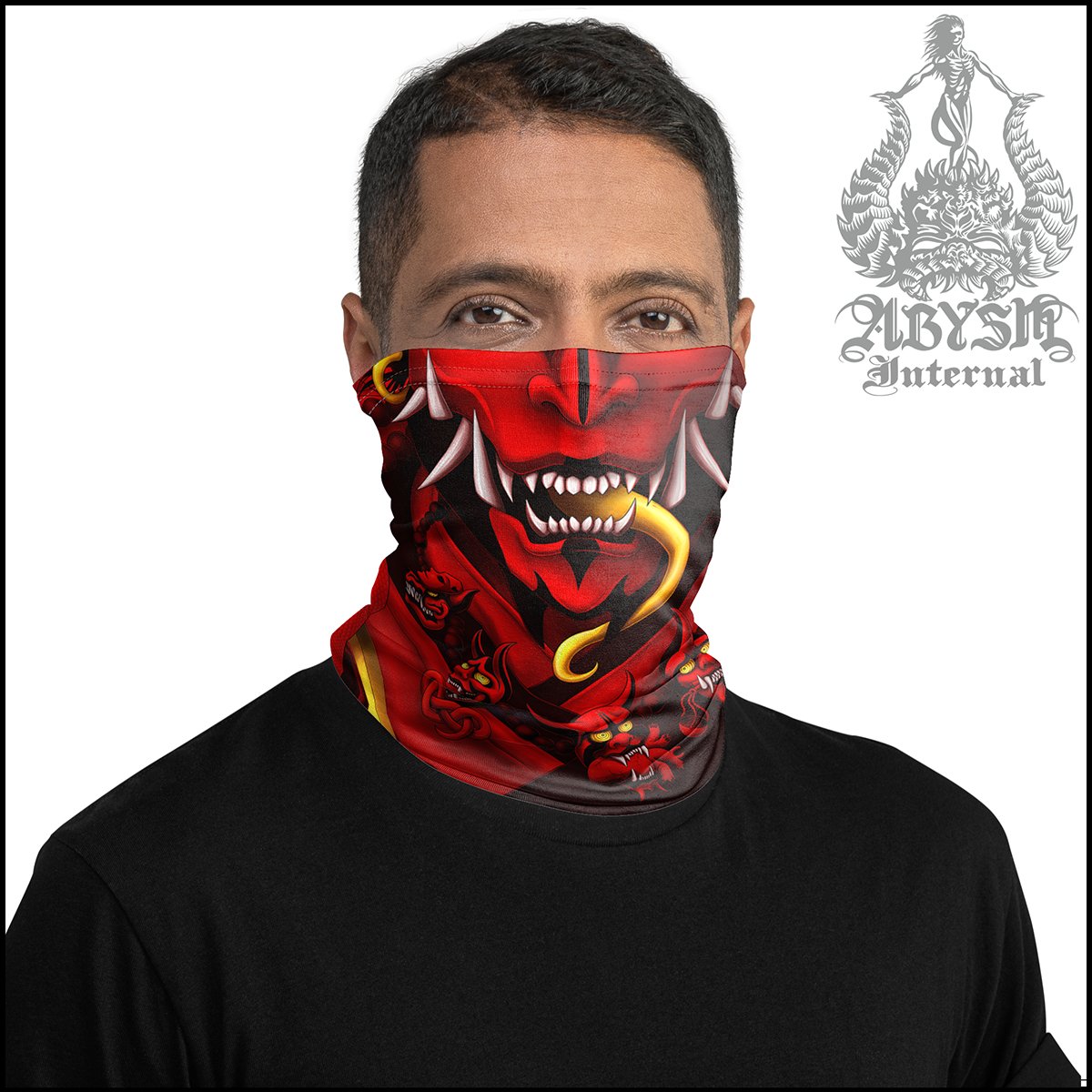 Oni Neck Gaiter, Hannya Face Mask, Japanese Demon Printed Head Covering, Bloody Gothic Street Outfit, Snake, Fangs, Headband - Red, Black - Abysm Internal