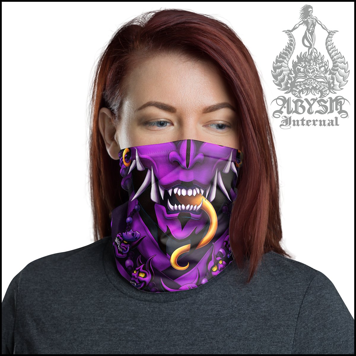 Oni Neck Gaiter, Hannya Face Mask, Japanese Demon Printed Head Covering, Pastel Goth Street Outfit, Snake, Fangs, Headband - Black, Purple - Abysm Internal