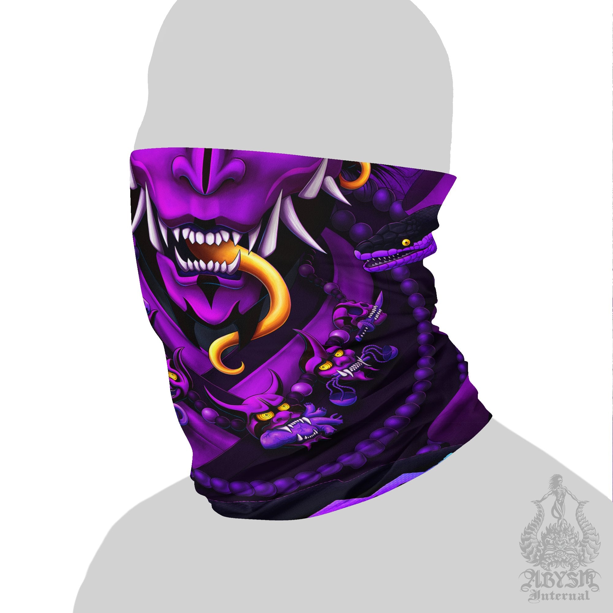 Oni Neck Gaiter, Hannya Face Mask, Japanese Demon Printed Head Covering, Pastel Goth Street Outfit, Snake, Fangs, Headband - Black, Purple - Abysm Internal