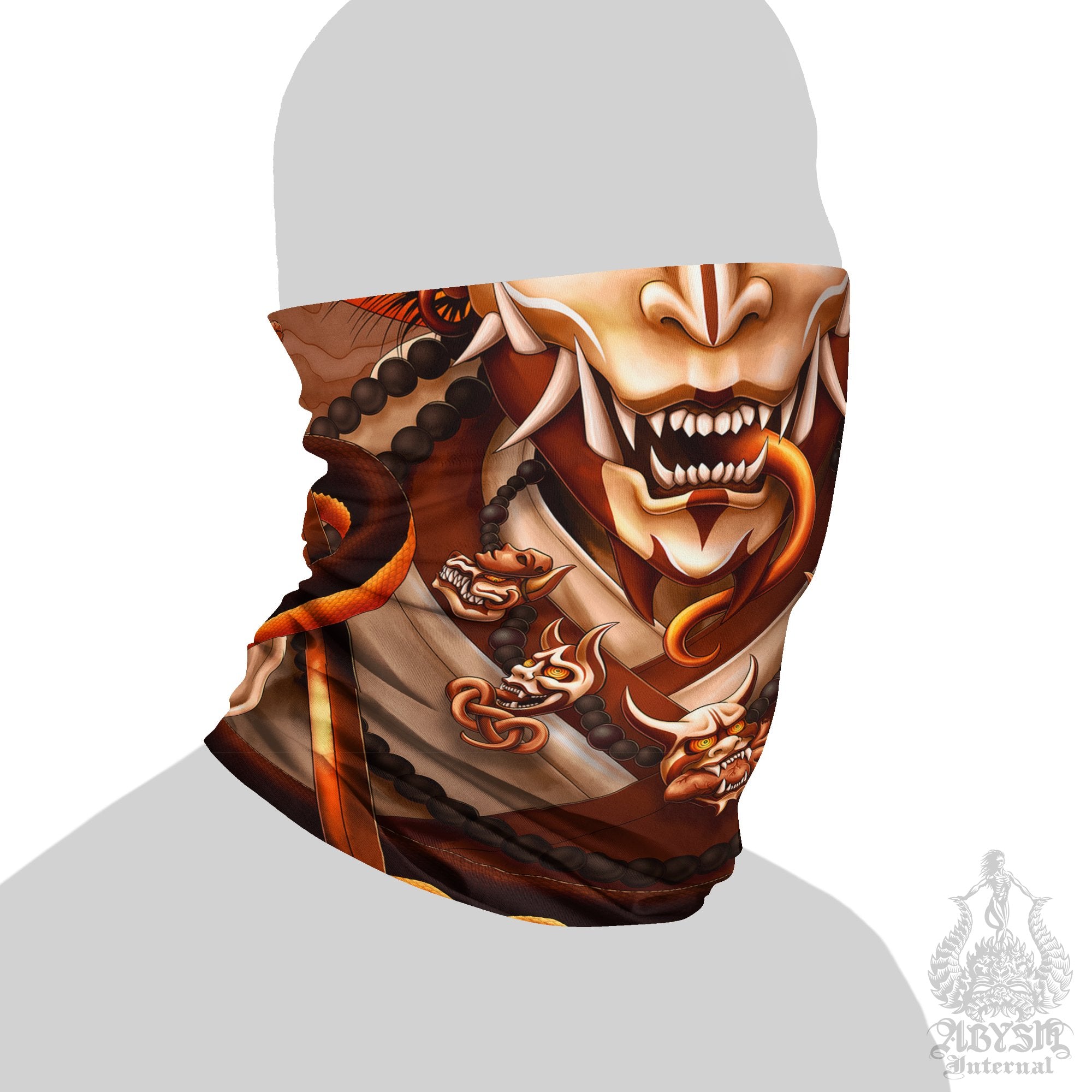 Oni Neck Gaiter, Hannya Face Mask, Japanese Demon Printed Head Covering, Skater Street Outfit, Snake, Fangs, Headband - Cream - Abysm Internal