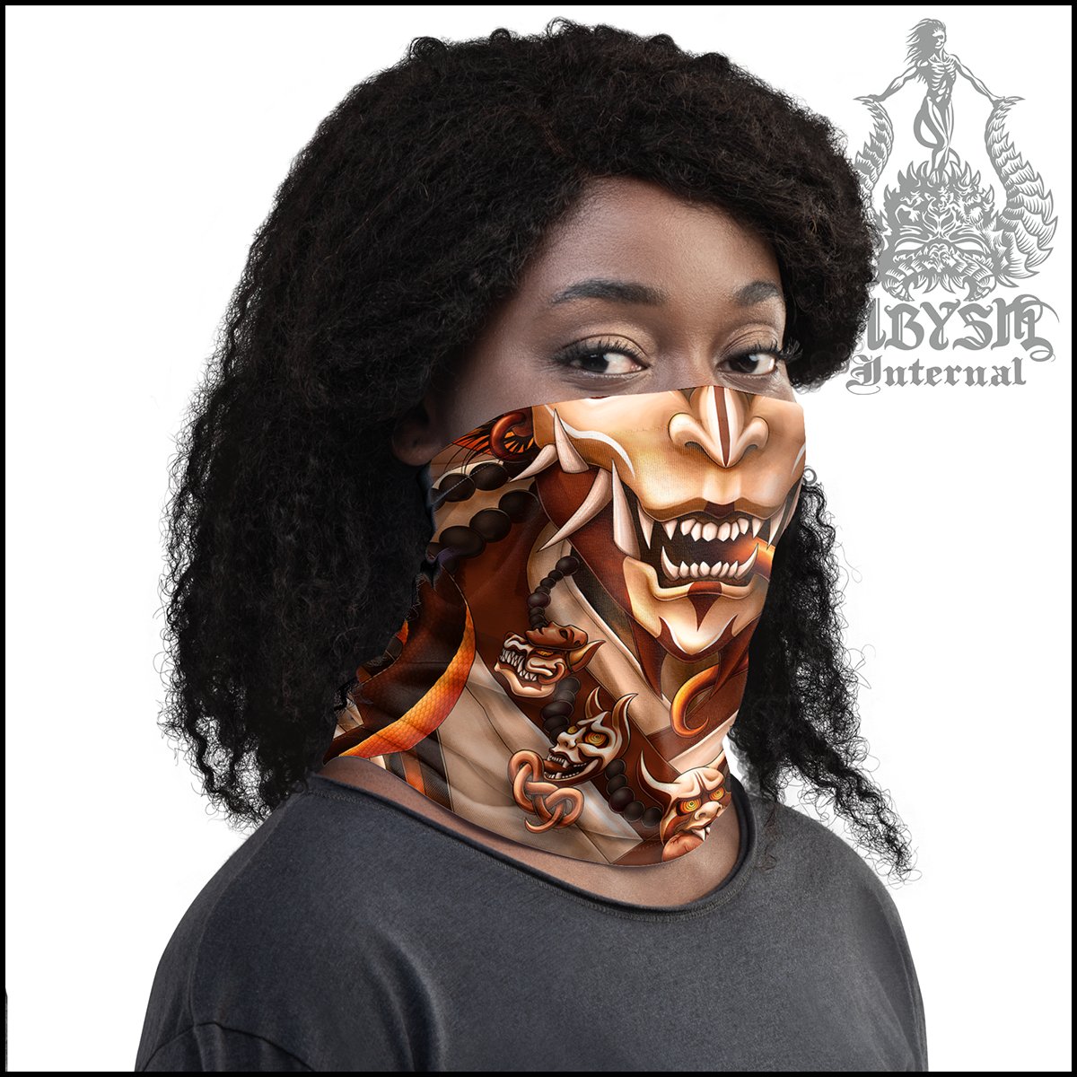 Oni Neck Gaiter, Hannya Face Mask, Japanese Demon Printed Head Covering, Skater Street Outfit, Snake, Fangs, Headband - Cream - Abysm Internal