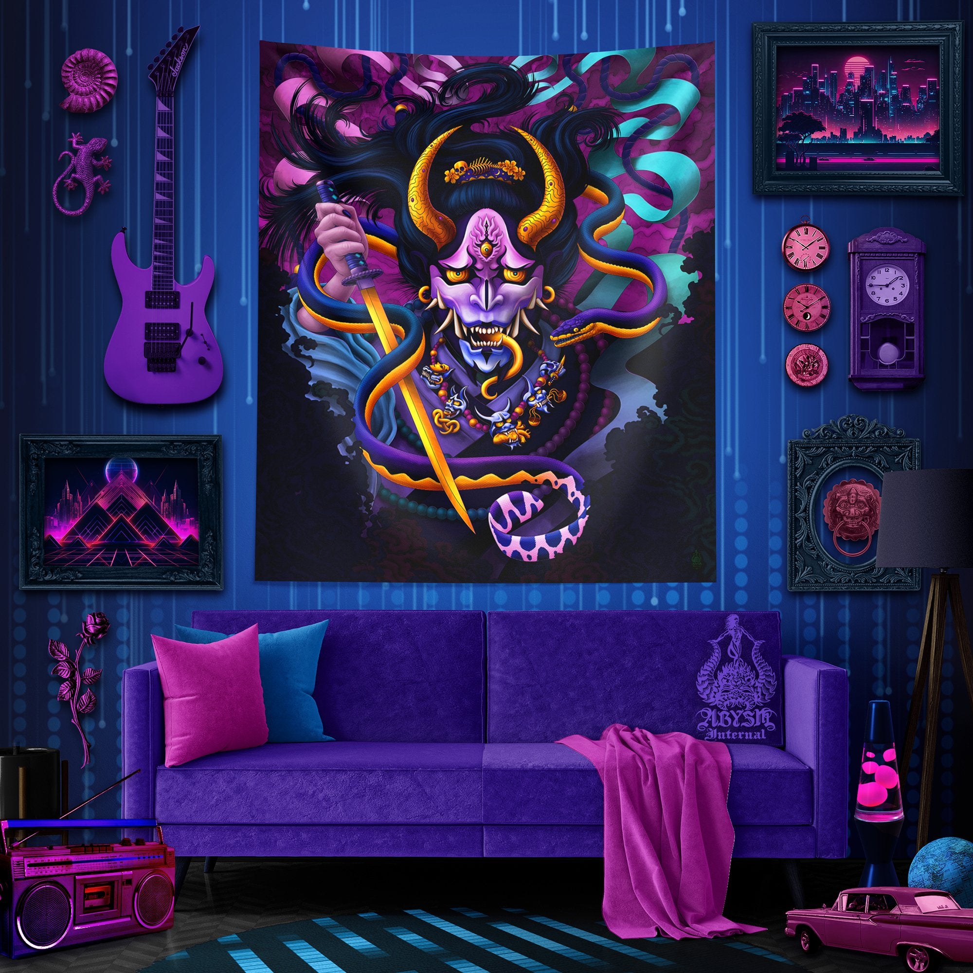 Pastel Demon Tapestry, Hannya and Snake Wall Hanging, Trippy, Japanese Manga, Anime and Gamer Room Decor, Psychedelic Vertical Art Print - Black - Abysm Internal