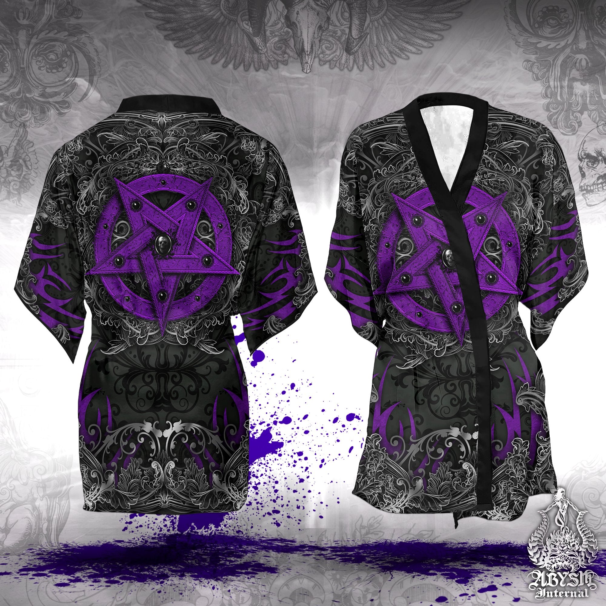 Pentagram Short Kimono Robe, Pastel Goth Beach Party Outfit, Black Purple Coverup, Gothic Witch Summer Festival, Witchy Clothing, Unisex - Abysm Internal