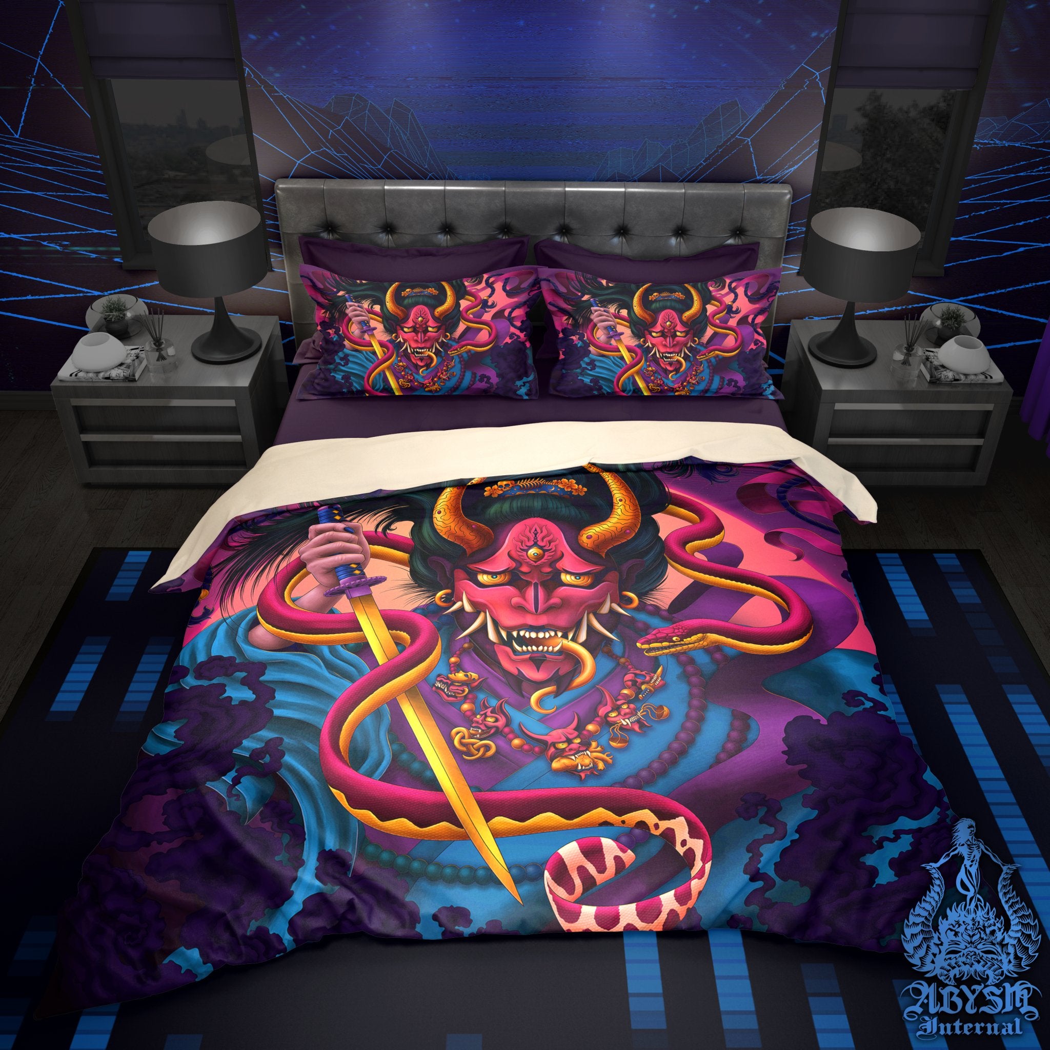 Psychedelic Bedding Set, Comforter or Duvet, Vaporwave Japanese Demon Bed Cover, Anime Bedroom Decor, King, Queen & Twin Size - Snake and Hannya - Abysm Internal