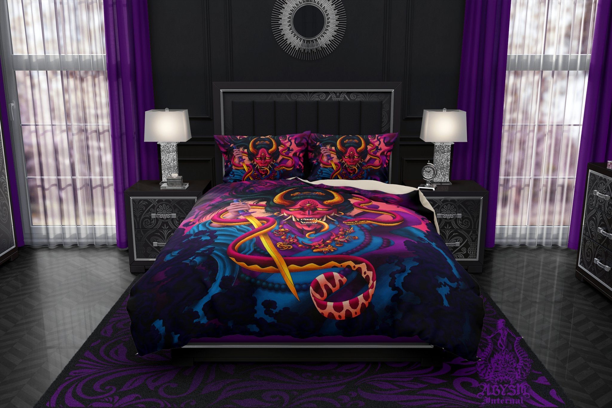 Psychedelic Bedding Set, Comforter or Duvet, Vaporwave Japanese Demon Bed Cover, Anime Bedroom Decor, King, Queen & Twin Size - Snake and Hannya - Abysm Internal