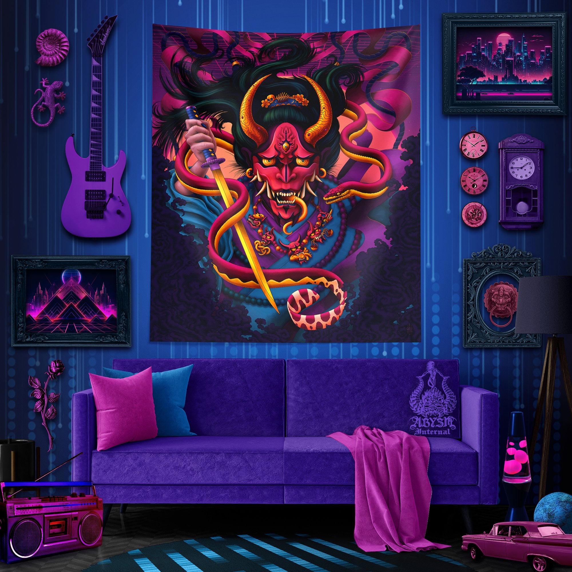 Psychedelic Demon Tapestry, Japanese Hannya and Snake Wall Hanging, Trippy Manga, Anime and Gamer Room Decor, Vertical Art Print - Vaporwave - Abysm Internal