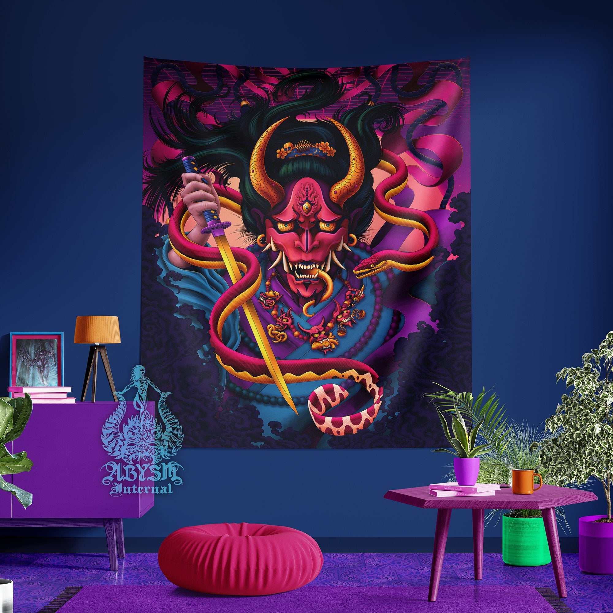 Psychedelic Demon Tapestry, Japanese Hannya and Snake Wall Hanging, Trippy Manga, Anime and Gamer Room Decor, Vertical Art Print - Vaporwave - Abysm Internal