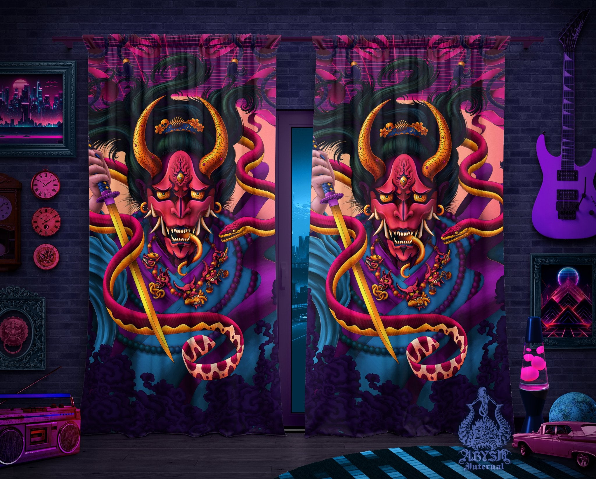 Psychedelic Hannya Curtains, 50x84' Printed Window Panels, Japanese Demon, Dark Fantasy Decor, Anime and Game Room Art Print - Snake, Vaporwave - Abysm Internal